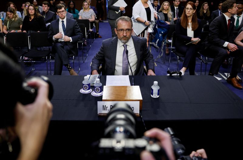 Twitter's former security chief Peiter "Mudge" Zatko is seated to testify before a Senate Judiciary Committee hearing to discuss allegations from his whistleblower complaint that the social media company misled regulators, on Capitol Hill in Washington, Tuesday.