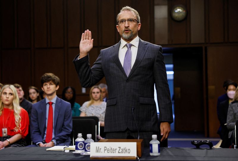 Twitter's former security chief Peiter "Mudge" Zatko is sworn in to testify before a Senate Judiciary Committee hearing to discuss allegations from his whistleblower complaint that the social media company misled regulators, on Capitol Hill in Washington, Tuesday.