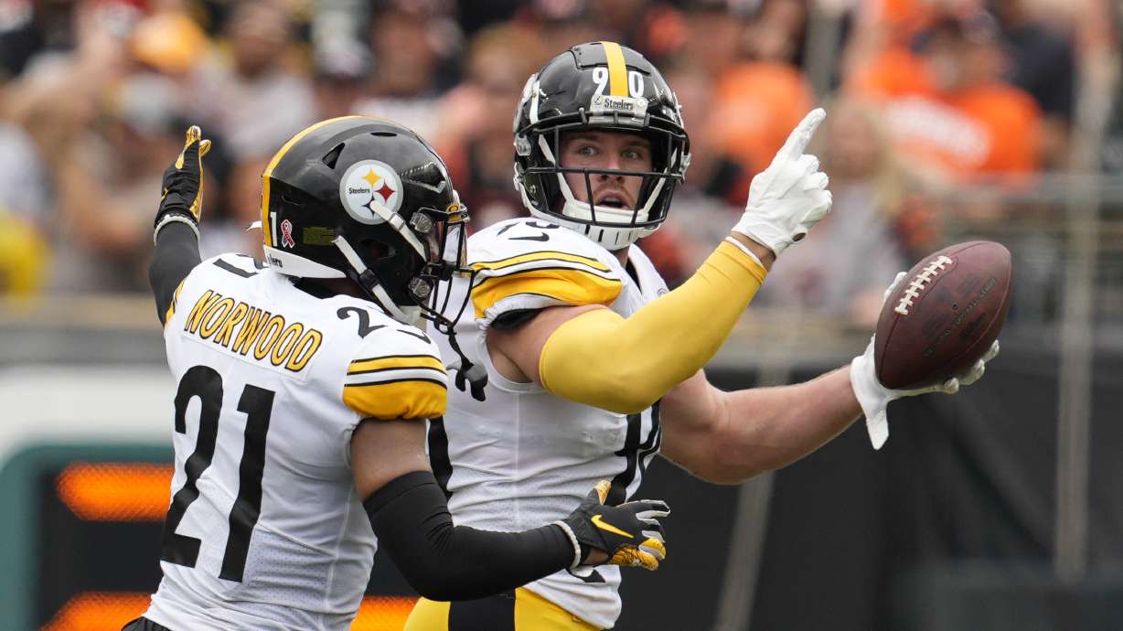 Pittsburgh Steelers linebacker T.J. Watt (90) celebrates after an interception with safety Tre Norwood (21) during the first half of an NFL football game against the Cincinnati Bengals, Sunday, Sept. 11, 2022, in Cincinnati.