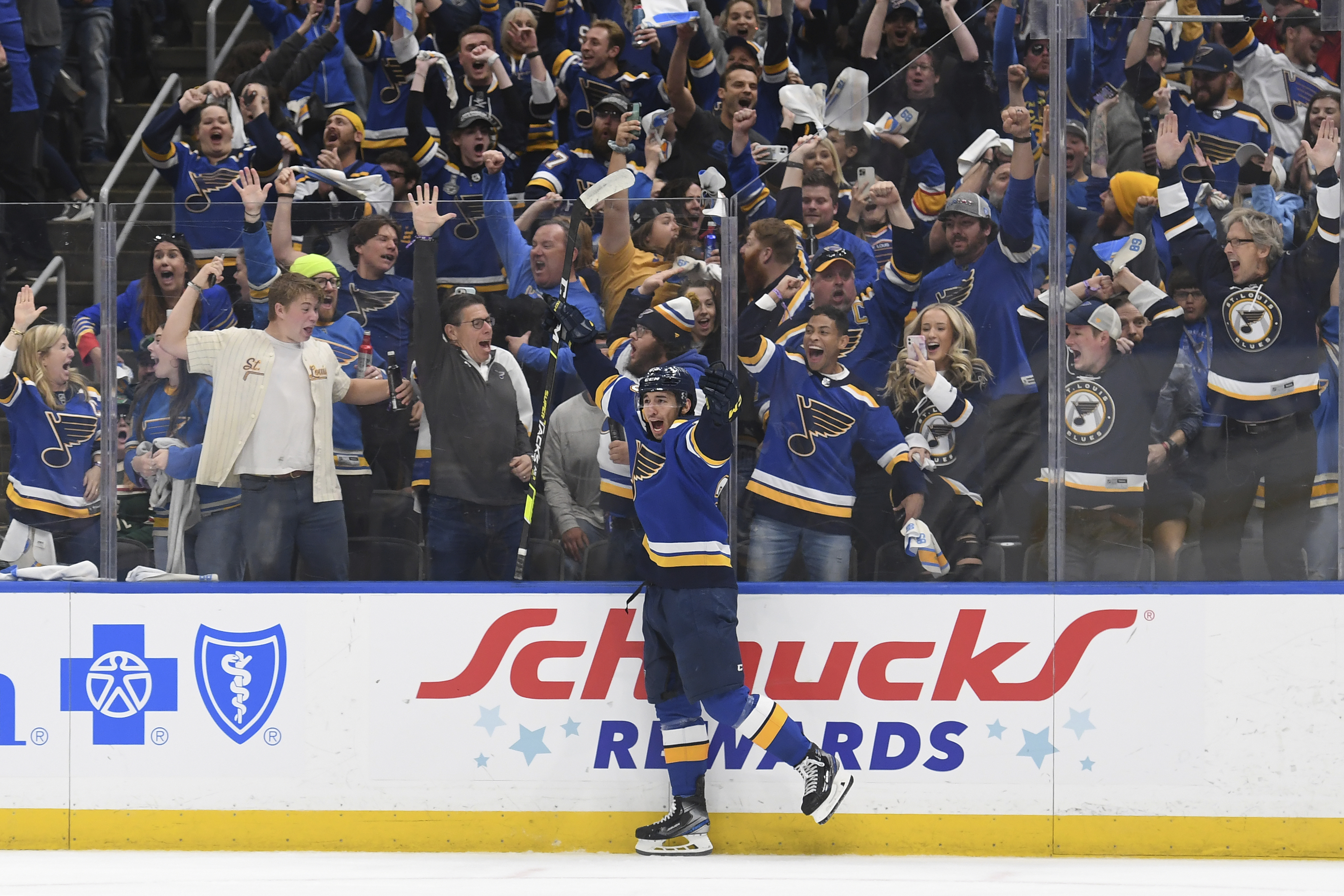 FILE - St. Louis Blues' Jordan Kyrou (25) celebrates after scoring a goal during the second period in Game 4 of an NHL hockey Stanley Cup first-round playoff series against the Minnesota Wild, Sunday, May 8, 2022, in St. Louis. The St. Louis Blues have signed forward Jordan Kyrou to an eight-year contract extension worth $65 million, the organization's latest move to keep its top young players in the fold long term. General manager Doug Armstrong announced the deal Tuesday, Sept. 13, 2022. 