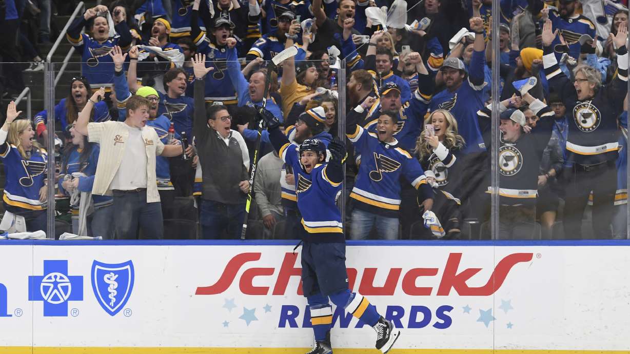FILE - St. Louis Blues' Jordan Kyrou (25) celebrates after scoring a goal during the second period in Game 4 of an NHL hockey Stanley Cup first-round playoff series against the Minnesota Wild, Sunday, May 8, 2022, in St. Louis. The St. Louis Blues have signed forward Jordan Kyrou to an eight-year contract extension worth $65 million, the organization's latest move to keep its top young players in the fold long term. General manager Doug Armstrong announced the deal Tuesday, Sept. 13, 2022.
