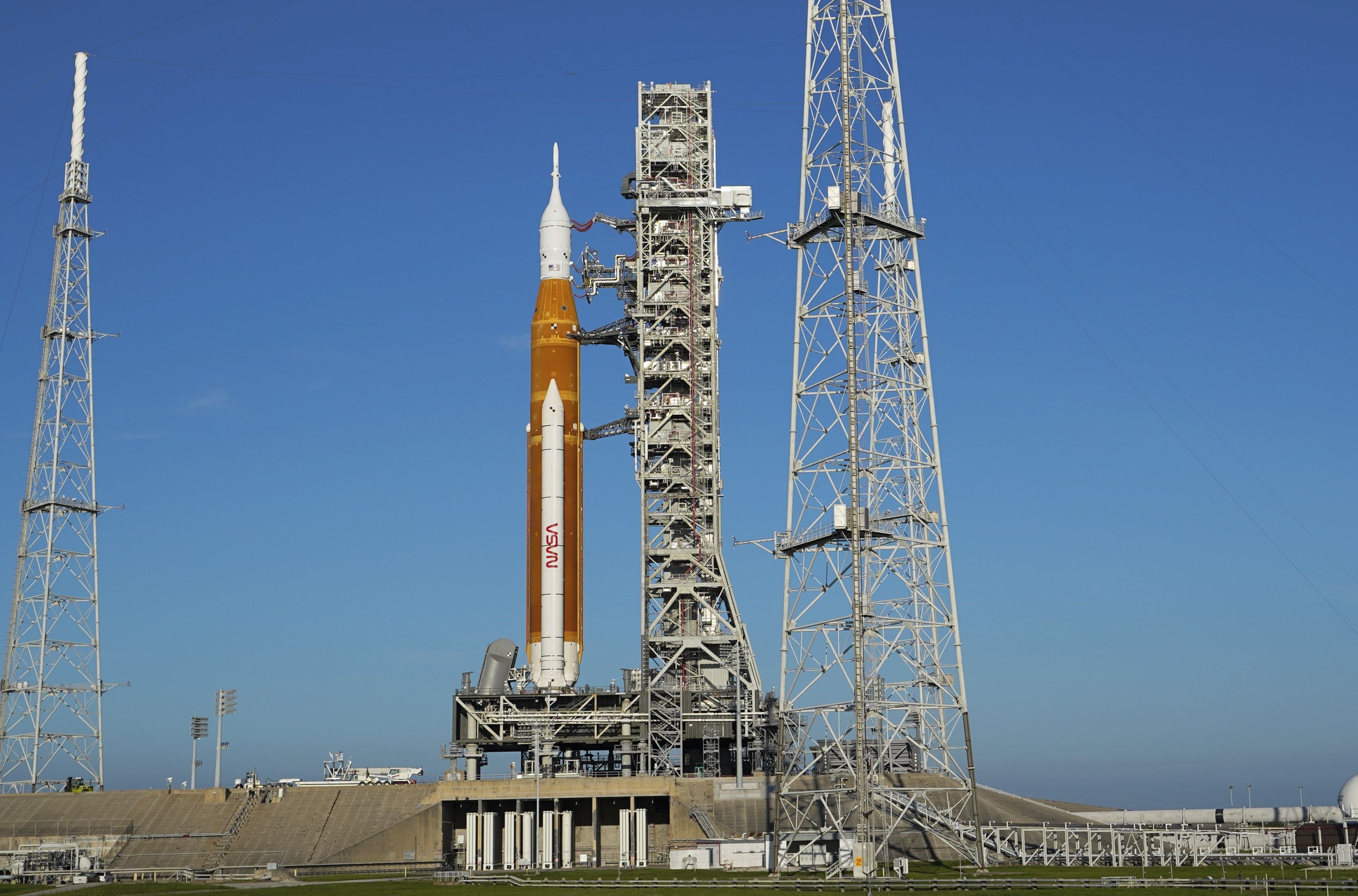 The NASA moon rocket as stands on Pad 39B for the Artemis 1 mission to orbit the Moon at the Kennedy Space Center, Sept. 6, in Cape Canaveral, Fla. No new launch date has been scheduled as of today.