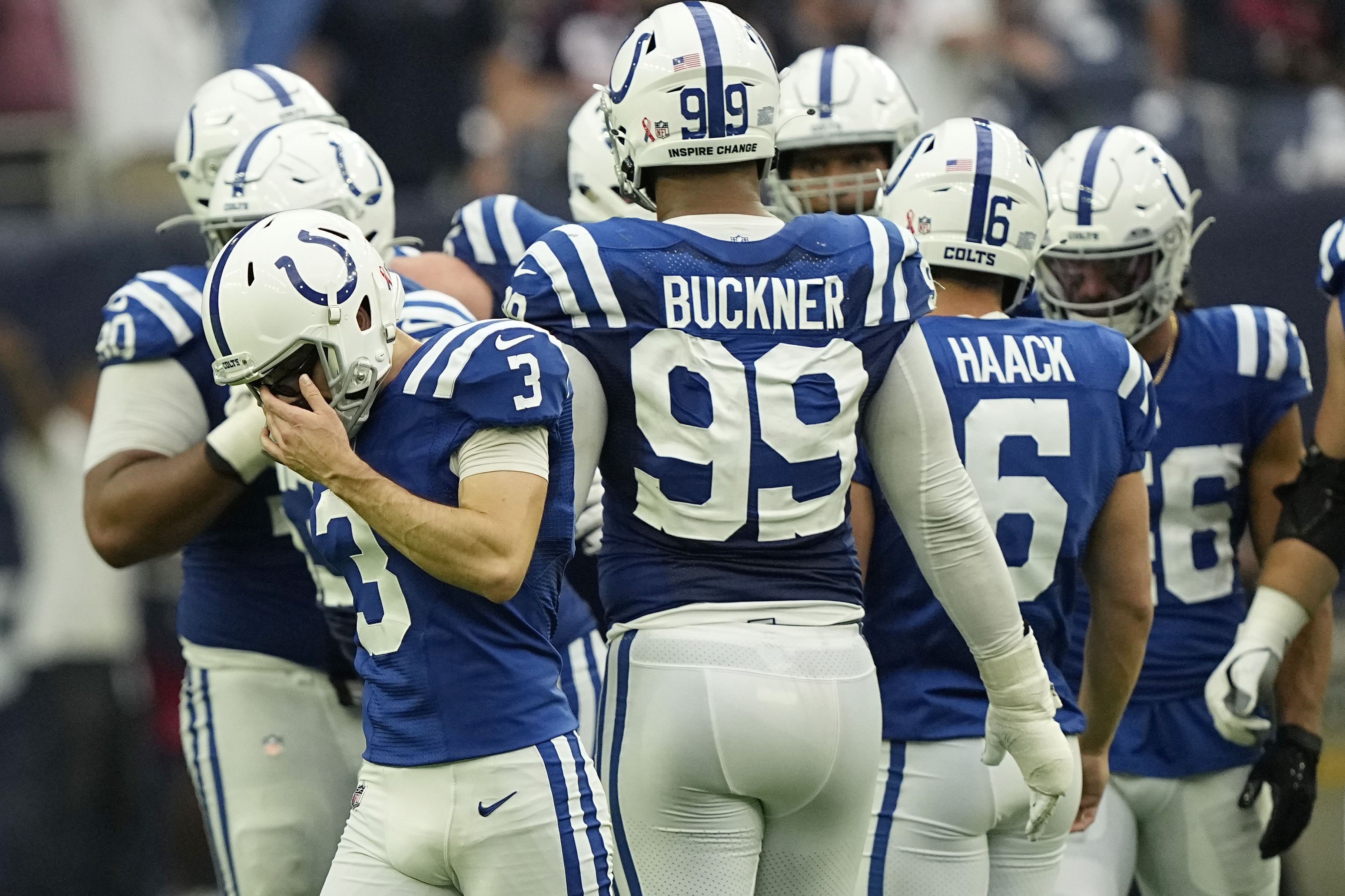 Indianapolis Colts place kicker Rodrigo Blankenship (3) walks off the field after missing a field goal in overtime of an NFL football game Sunday, Sept. 11, 2022, in Houston. 