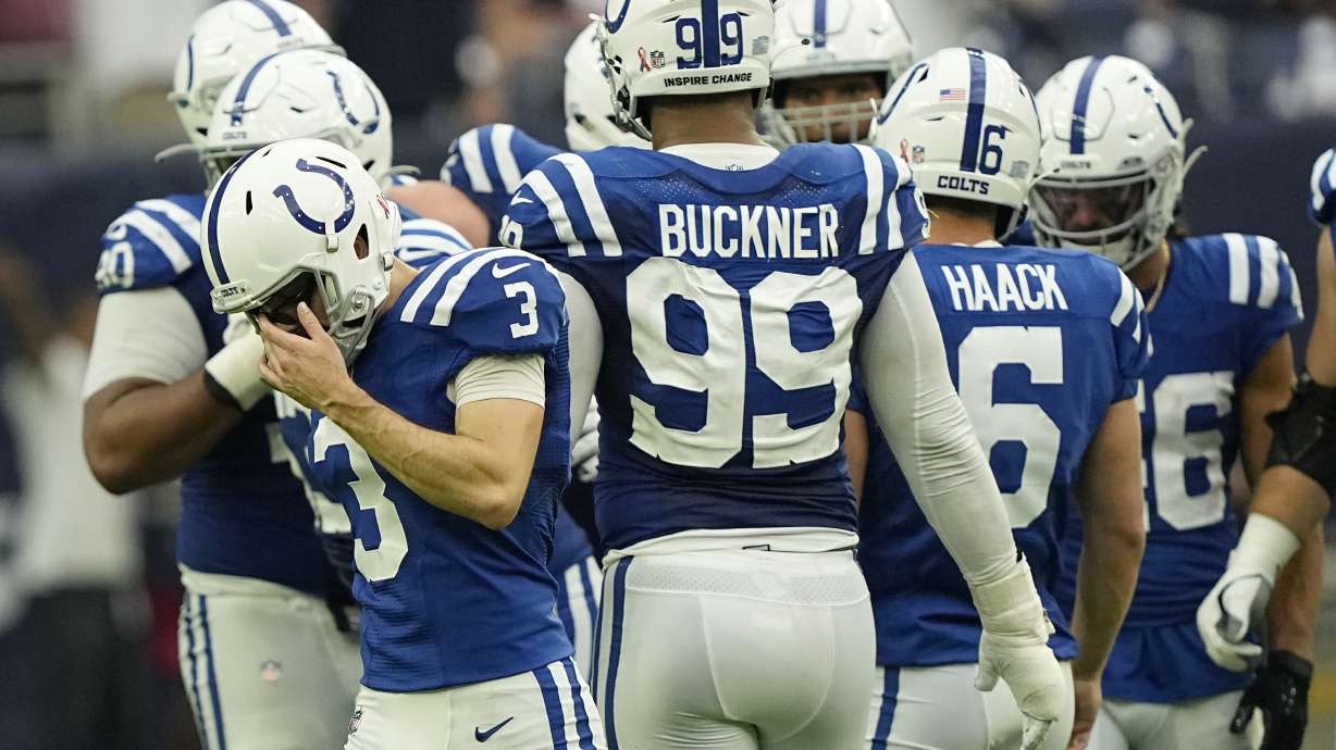 Indianapolis Colts place kicker Rodrigo Blankenship (3) walks off the field after missing a field goal in overtime of an NFL football game Sunday, Sept. 11, 2022, in Houston.