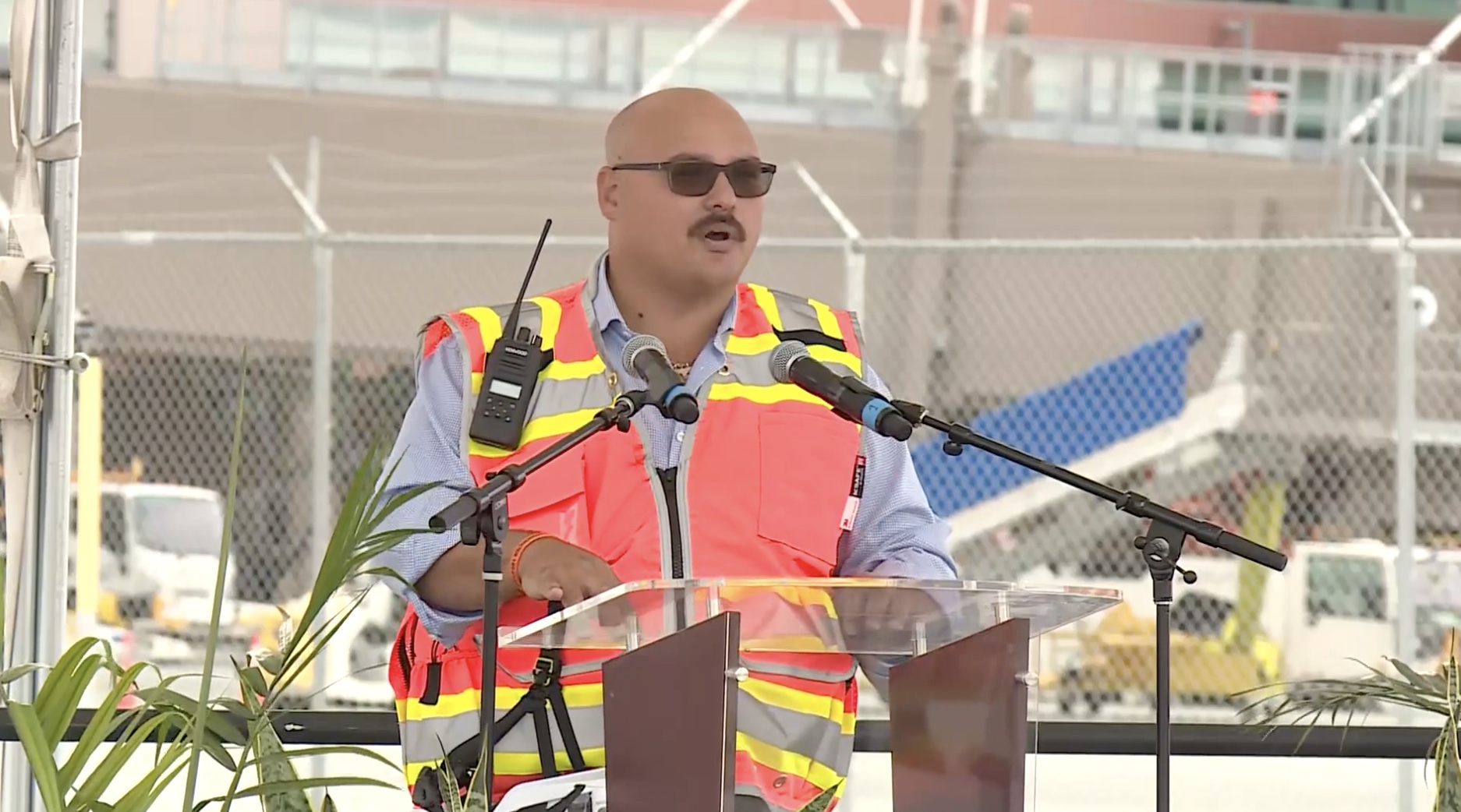 Sebastiano Cardella, the senior superintendent of the Holder-Big D joint construction venture, speaks at a ceremony Tuesday morning celebrating the two-year anniversary of the new airport. The airport is planning to add more gates in the near future.