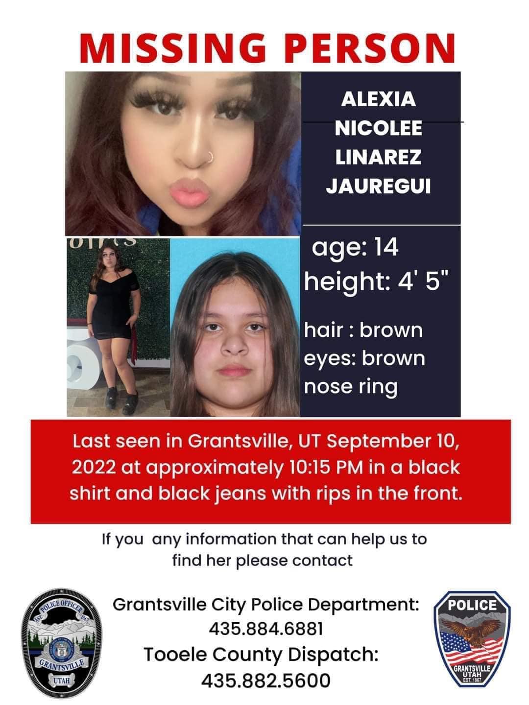 Grantsville police confirmed Tuesday that the case of a 14-year-old girl who went missing from Grantsville is being considered a kidnapping. Alexia Nicolee Linarez Jauregui is approximately 4 feet, 5 inches tall with brown hair and eyes and a nose ring.