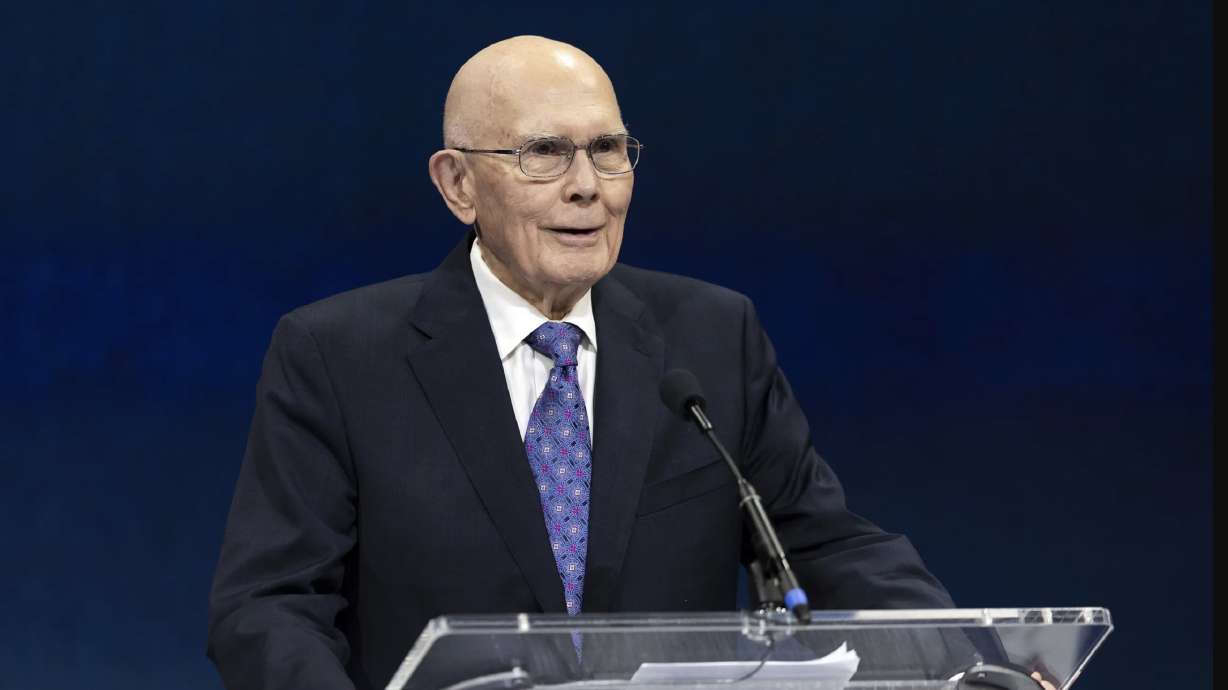 President Dallin H. Oaks, first counselor in the First Presidency and president of the Quorum of the Twelve Apostles of The Church of Jesus Christ of Latter-day Saints, speaks during his campus devotional address at Brigham Young University’s Marriott Center in Provo on Tuesday.