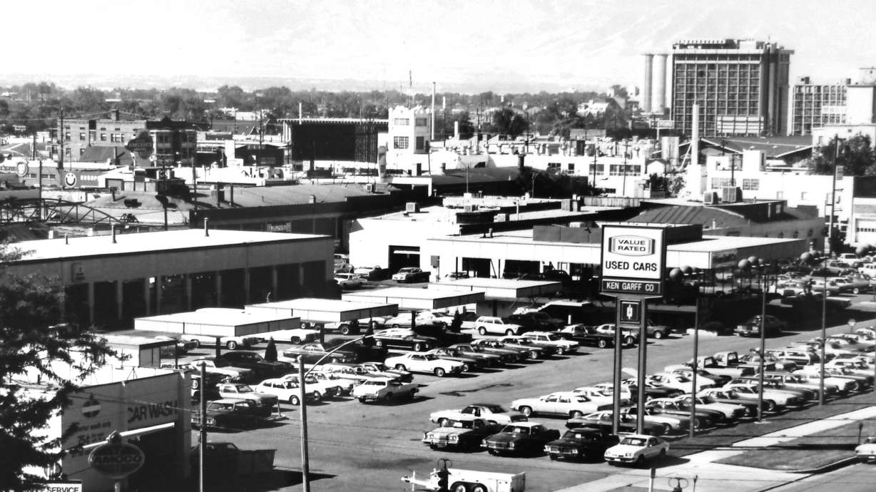 An old photo of the downtown block of Ken Garff dealerships.