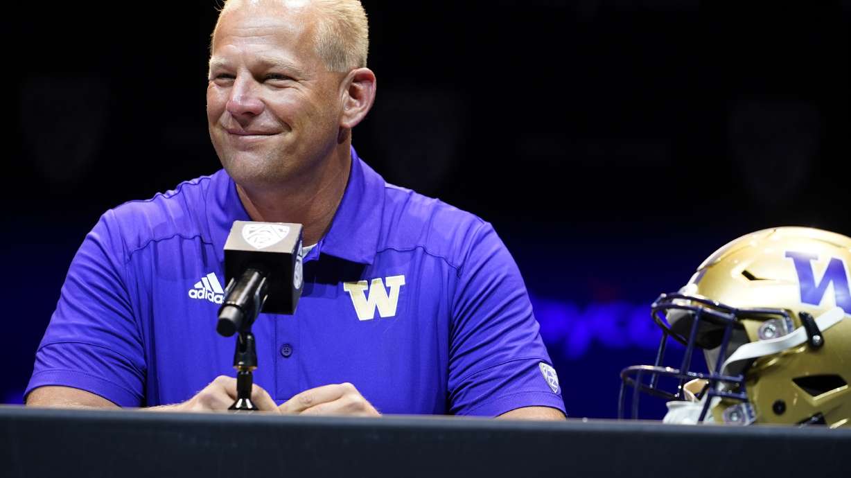 Washington head coach Kalen DeBoer speaks during Pac-12 Conference men's NCAA college football media day Friday, July 29, 2022, in Los Angeles.