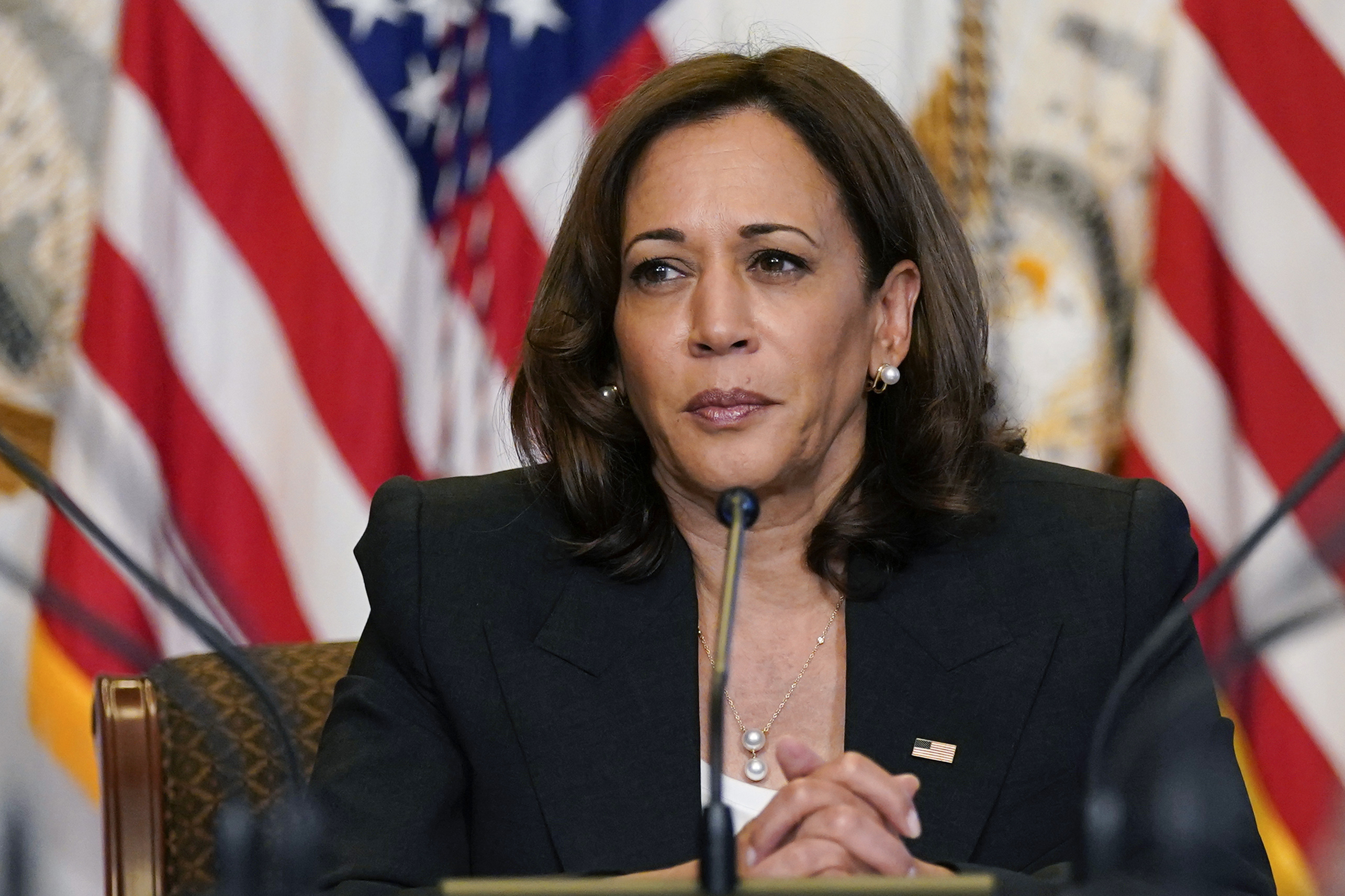Vice President Kamala Harris listens during a meeting with civil rights and reproductive rights leaders in the Diplomatic Reception Room on the White House complex in Washington, Monday. Two buses of migrants from the U.S.-Mexico border were dropped off near Harris' home in residential Washington on Thursday.