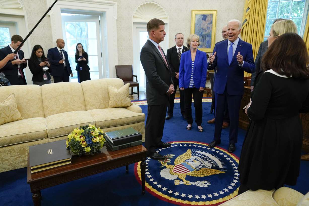 President Joe Biden speaks in the Oval Office of the White House, Thursday, in Washington. Biden said Thursday that a tentative railway labor agreement has been reached, averting a strike that could have been devastating to the economy before the pivotal midterm elections.