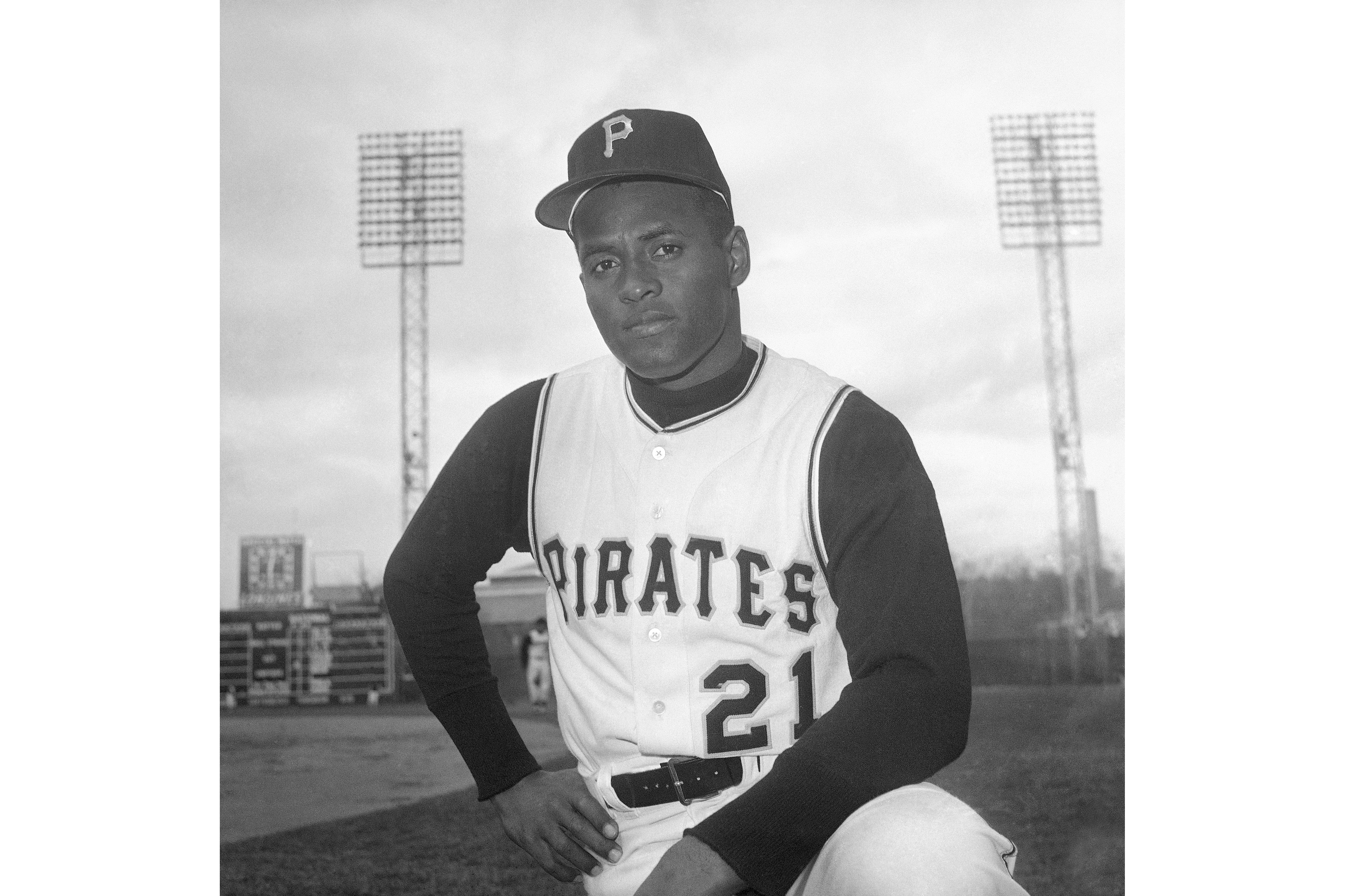 FILE - Roberto Clemente of the Pittsburgh Pirates is seen in Tampa, Fla., March 3, 1963. Major League Baseball celebrates its annual Roberto Clemente Day, Thursday, Sept. 15, 2022, honoring the Hall of Fame outfielder in the 50th anniversary year of his tragic death in a plane crash while attempting to deliver relief supplies to earthquake victims in Nicaragua. 