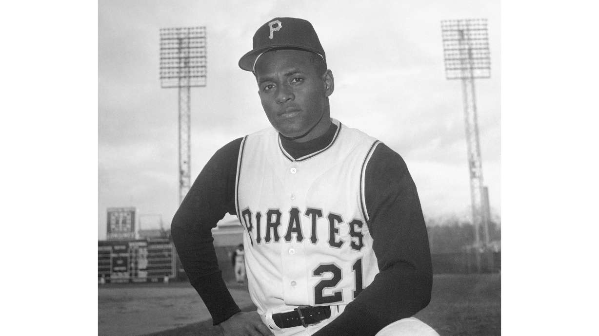 FILE - Roberto Clemente of the Pittsburgh Pirates is seen in Tampa, Fla., March 3, 1963. Major League Baseball celebrates its annual Roberto Clemente Day, Thursday, Sept. 15, 2022, honoring the Hall of Fame outfielder in the 50th anniversary year of his tragic death in a plane crash while attempting to deliver relief supplies to earthquake victims in Nicaragua.