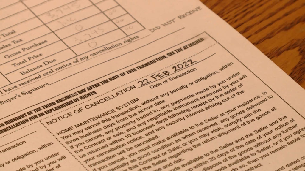 The cancelation clause in the sales paperwork given to Larry Shields is shown.