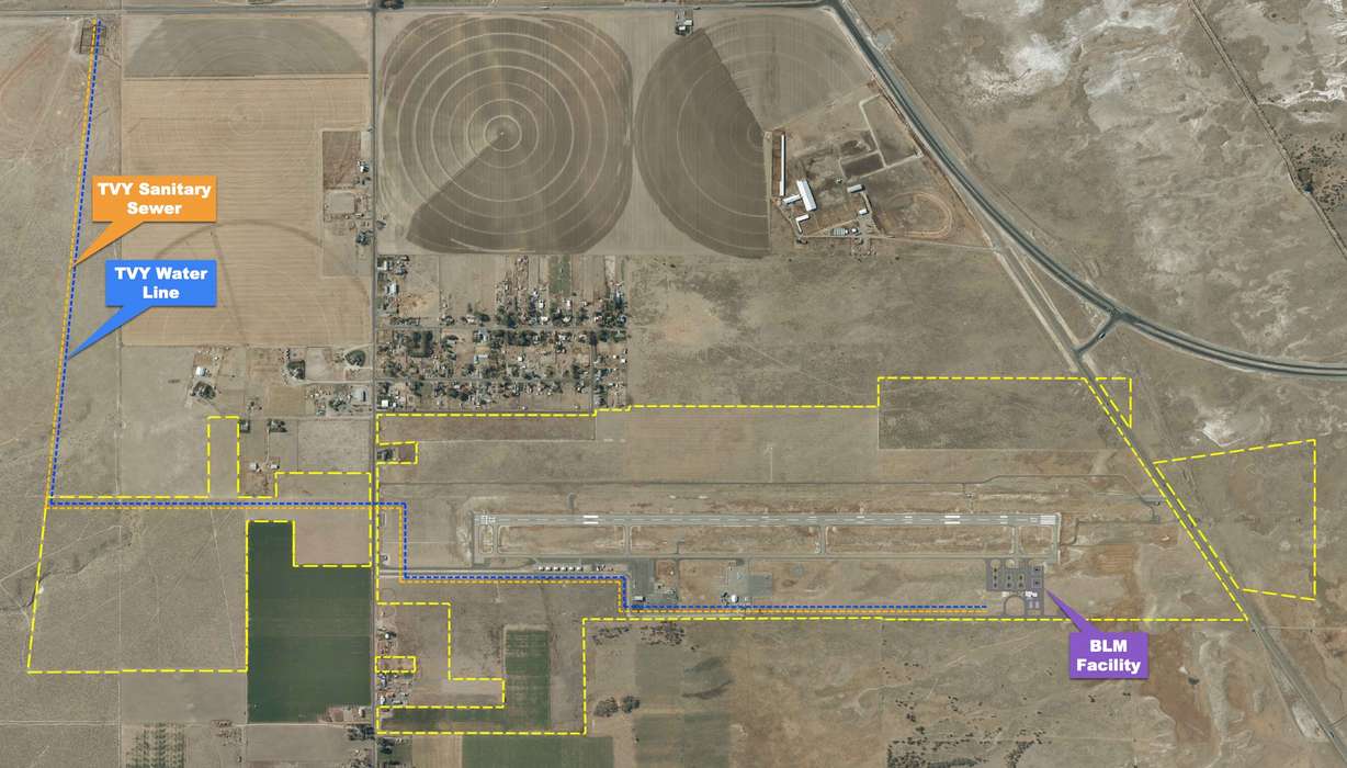 This map shows where planned water and sewage lines would go in relation to the Tooele Valley Airport.