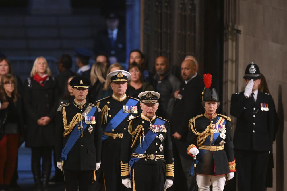 Britain's King Charles III, Britain's Princess Anne, Britain's Prince Andrew and Prince Edward attend a vigil for Queen Elizabeth II, as she lies in state on the catafalque in Westminster Hall, at the Palace of Westminster, London, Friday.
