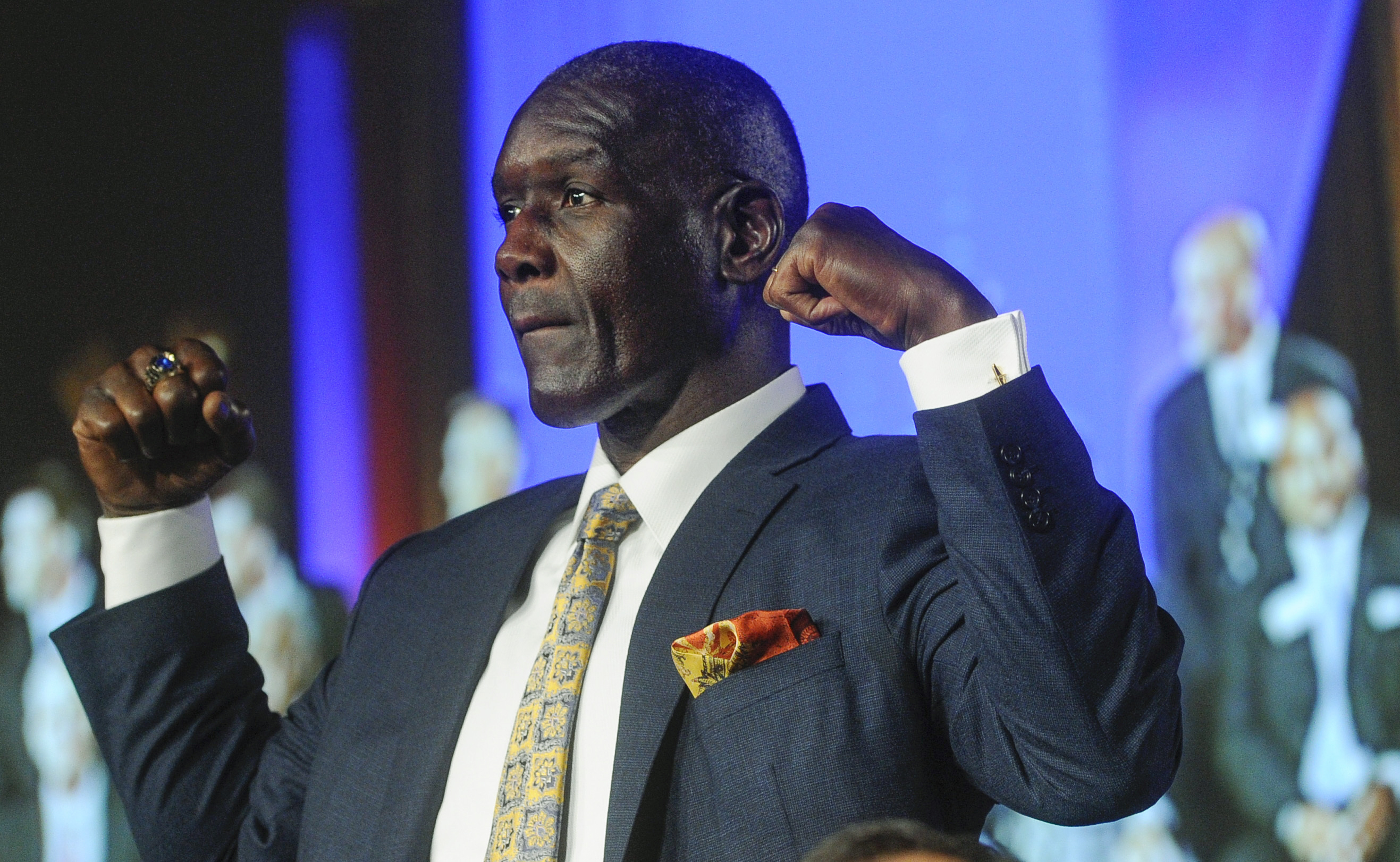 FILE - Inductee Shelby Jordan, a former linebacker from Washington University in St. Louis, is recognized during the National Football Foundation enshrinement ceremony Aug. 28, 2013, in Atlanta. Jordan, whose spectacular career at Washington earned him a spot in the College Football Hall of Fame and an 11-year NFL career, has died. He was 70. Jordan died on Sept. 9, according to statements released Friday by the College Football Hall of Fame and the New England Patriots. AP Photo/John Amis, File)