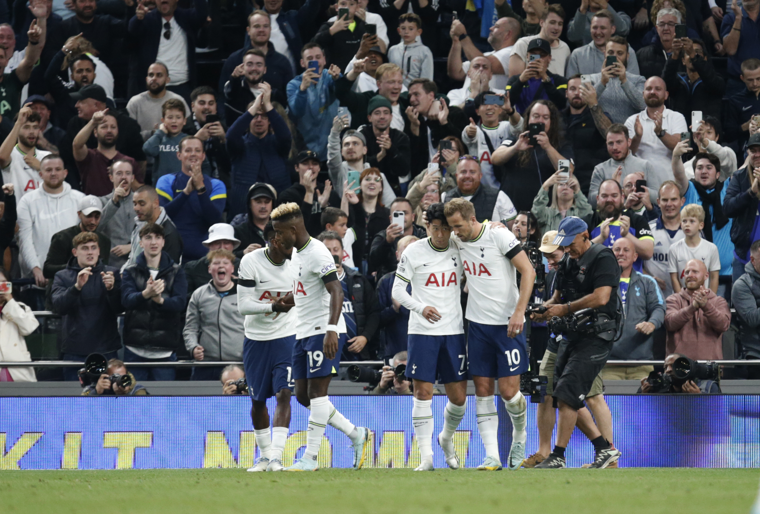 Tottenham's Son Heung-min celebrates with teammates after scoring during the English Premier League soccer match between Tottenham Hotspur and Leicester City at Tottenham Hotspur Stadium, in London, Saturday, Sept. 17, 2022. 