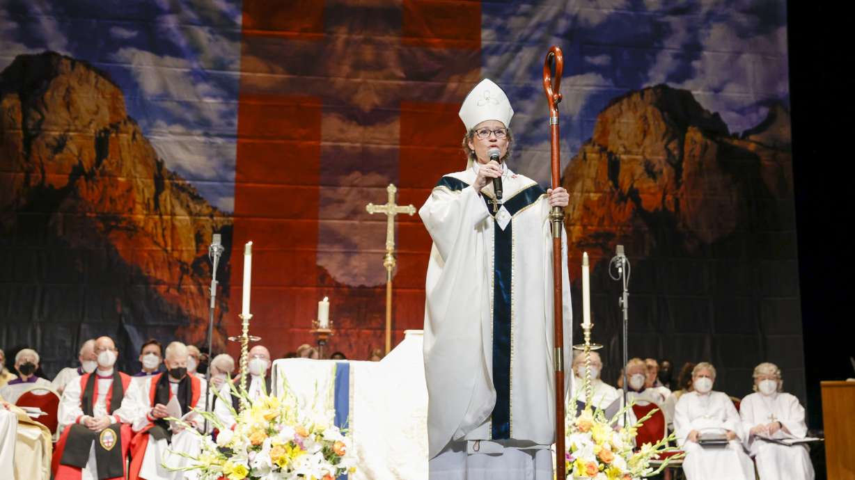 Phyllis Spiegel is ordained as a bishop and speaks on stage inside of the Capitol Theatre in Salt Lake City on Saturday.