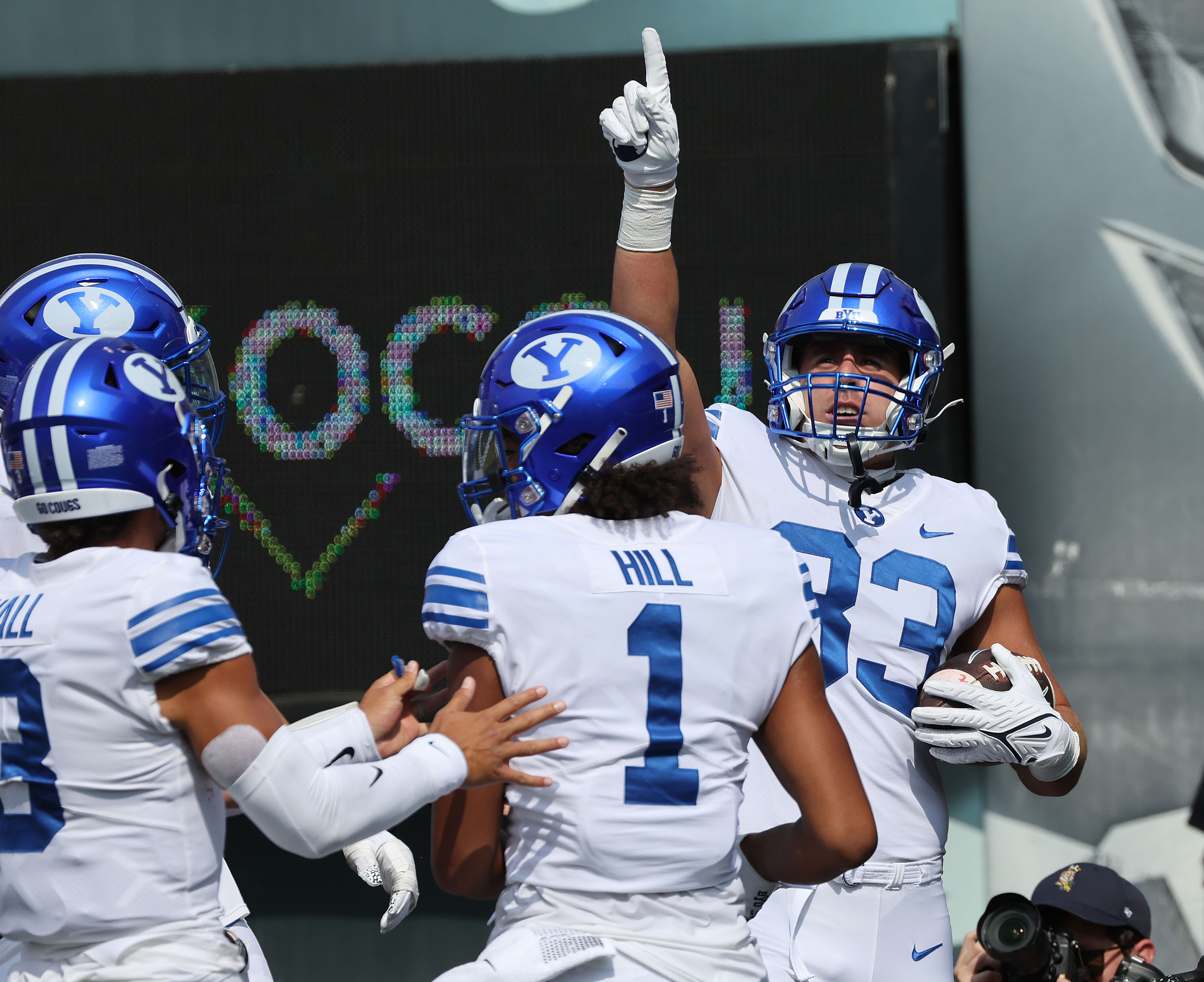 Brigham Young tight end Isaac Rex (83) celebrates his touchdown against he Oregon Ducks at Autzen Stadium in Eugene on Saturday, Sept. 17, 2022.