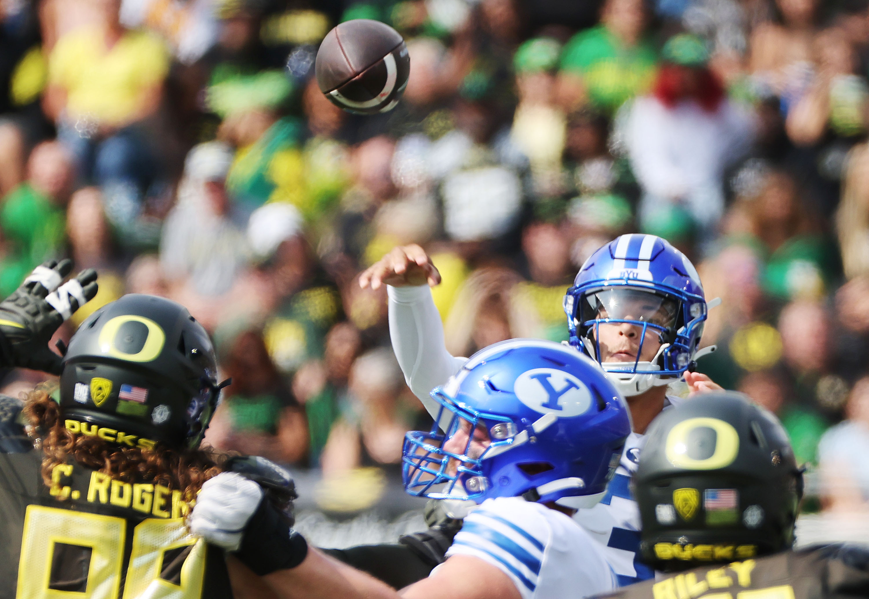Brigham Young Cougars quarterback Jaren Hall (3) throws  at Autzen Stadium in Eugene on Saturday, Sept. 17, 2022.