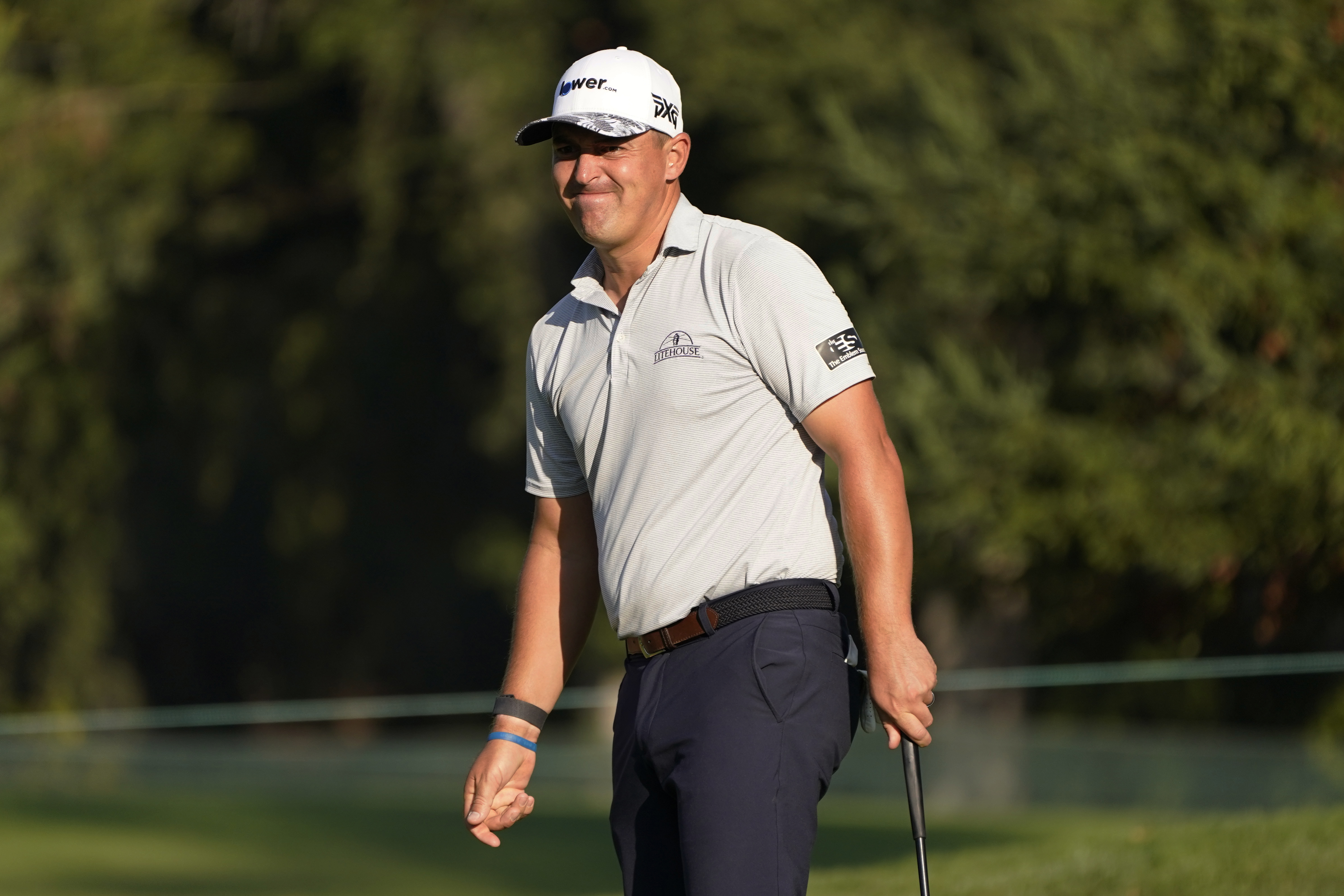 Justin Lower reacts after missing a birdie putt on the sixth green of the Silverado Resort North Course during the first round of the Fortinet Championship PGA golf tournament in Napa, Calif., Thursday, Sept. 15, 2022. 
