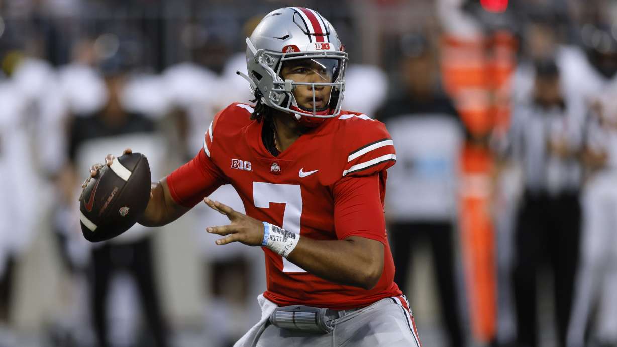 Ohio State quarterback C.J. Stroud drops back to pass against Toledo during the first half of an NCAA college football game Saturday, Sept. 17, 2022, in Columbus, Ohio.