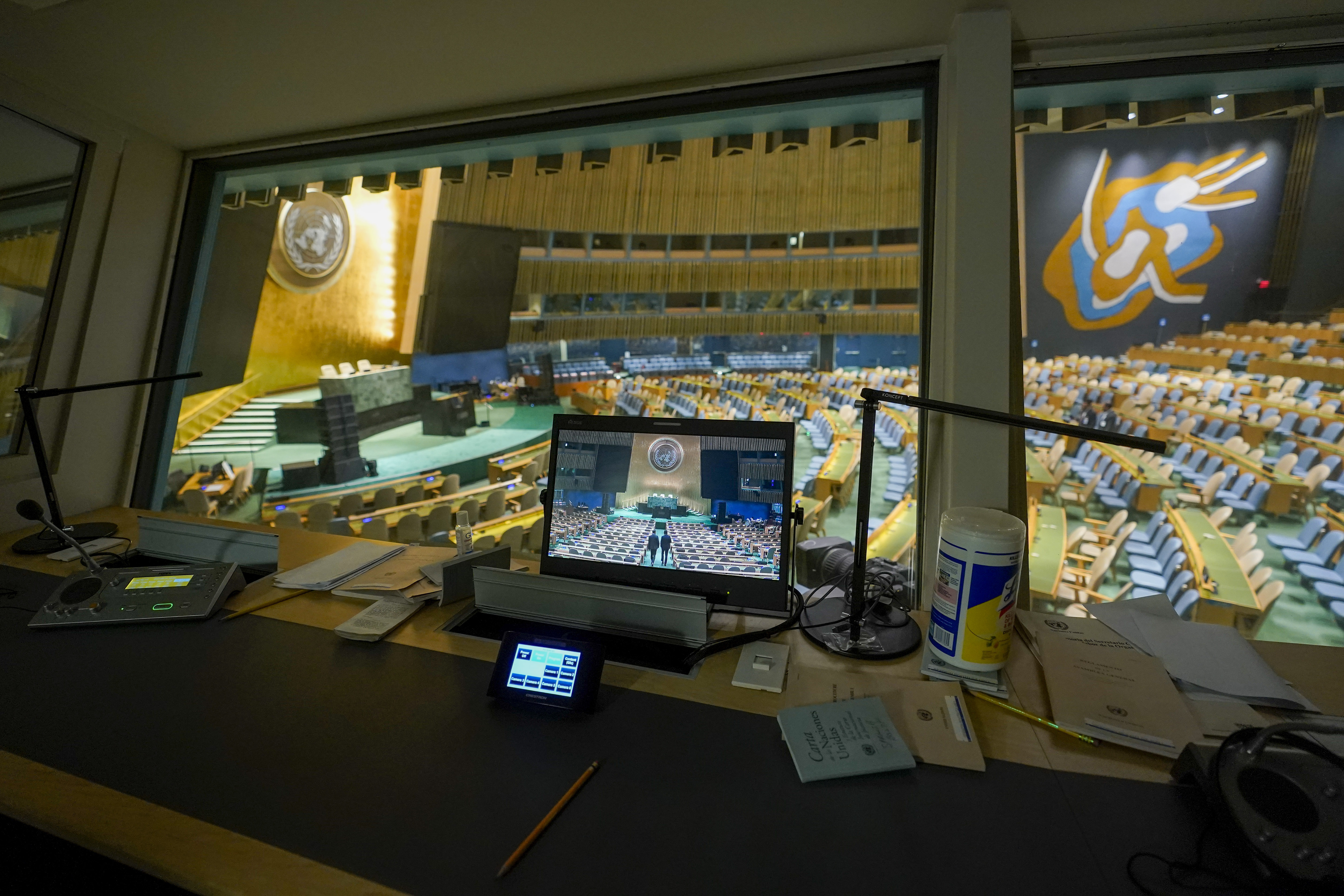 A translators booth overlooks the empty General Assembly hall at United Nations headquarters ahead of the General Assembly, Friday. 