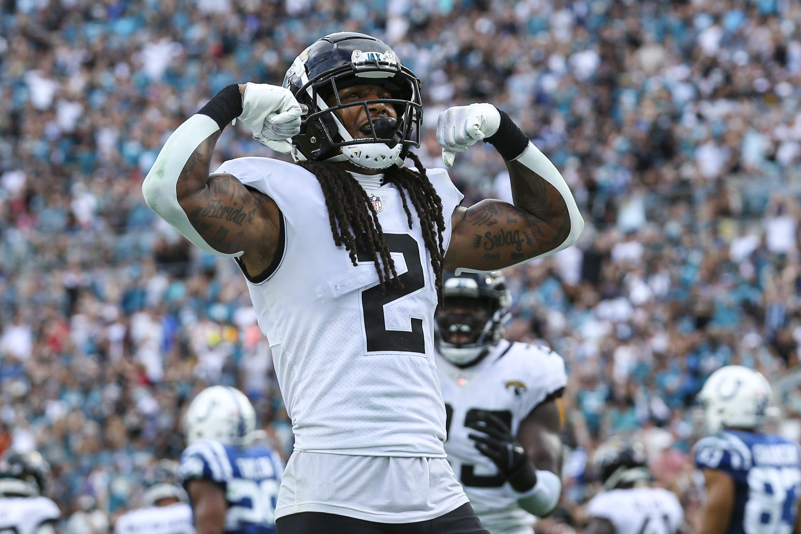 Jacksonville Jaguars safety Rayshawn Jenkins (2) celebrates during the second half of an NFL football game against the Indianapolis Colts , Sunday, Sept. 18, 2022, in Jacksonville, Fla. 