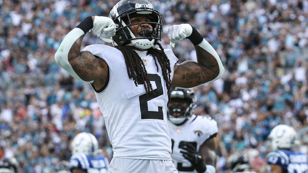 Jacksonville Jaguars safety Rayshawn Jenkins (2) celebrates during the second half of an NFL football game against the Indianapolis Colts , Sunday, Sept. 18, 2022, in Jacksonville, Fla.