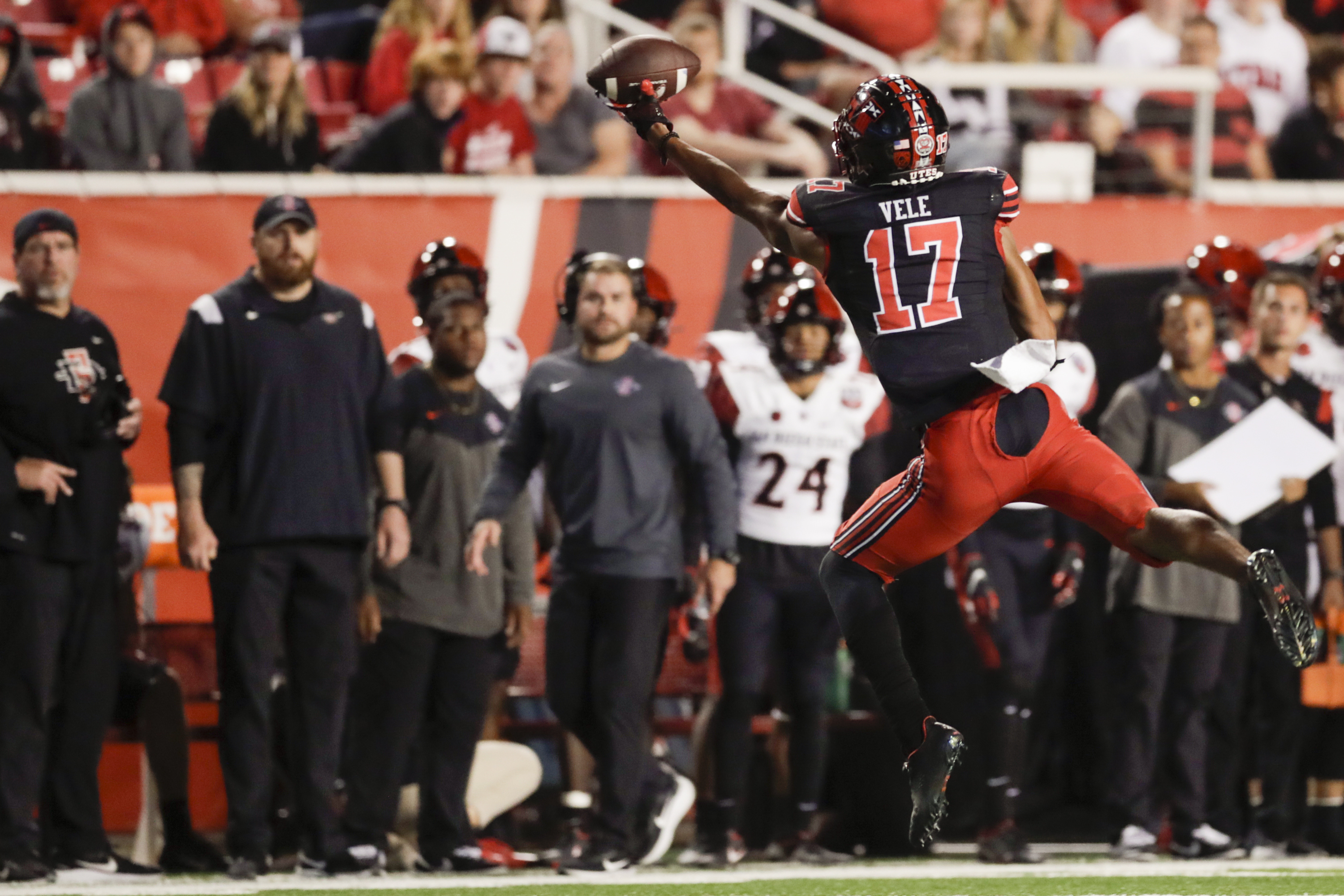 Devaughn Vele (17) of the Utah Utes misses a catch while playing the San Diego State Aztecs in Salt Lake City on Saturday, Sept. 17, 2022.