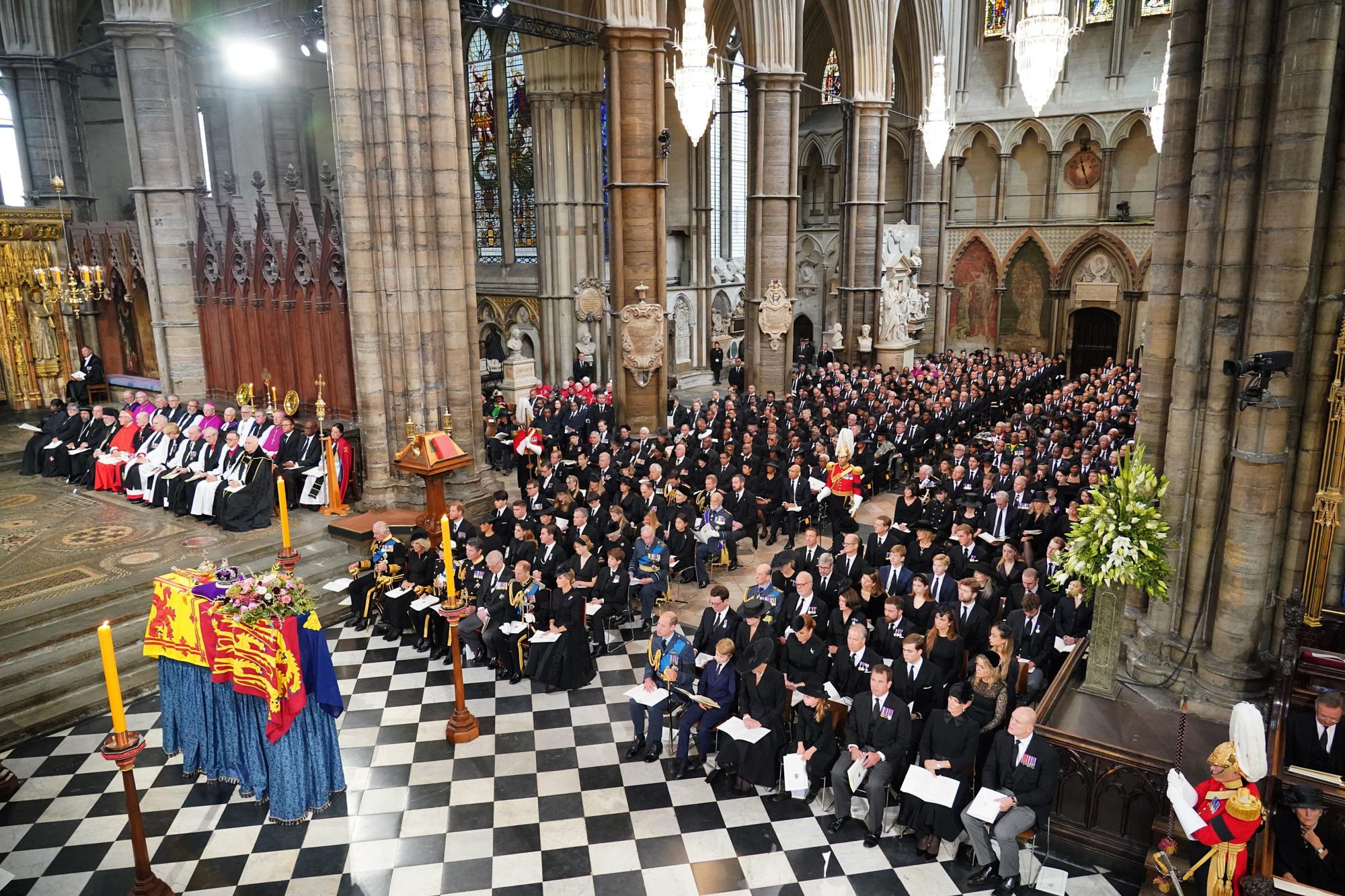 The funeral service of Queen Elizabeth II at Westminster Abbey in central London, Monday. The Queen, who died aged 96 on Sept. 8, will be buried at Windsor alongside her late husband, Prince Philip, who died last year.