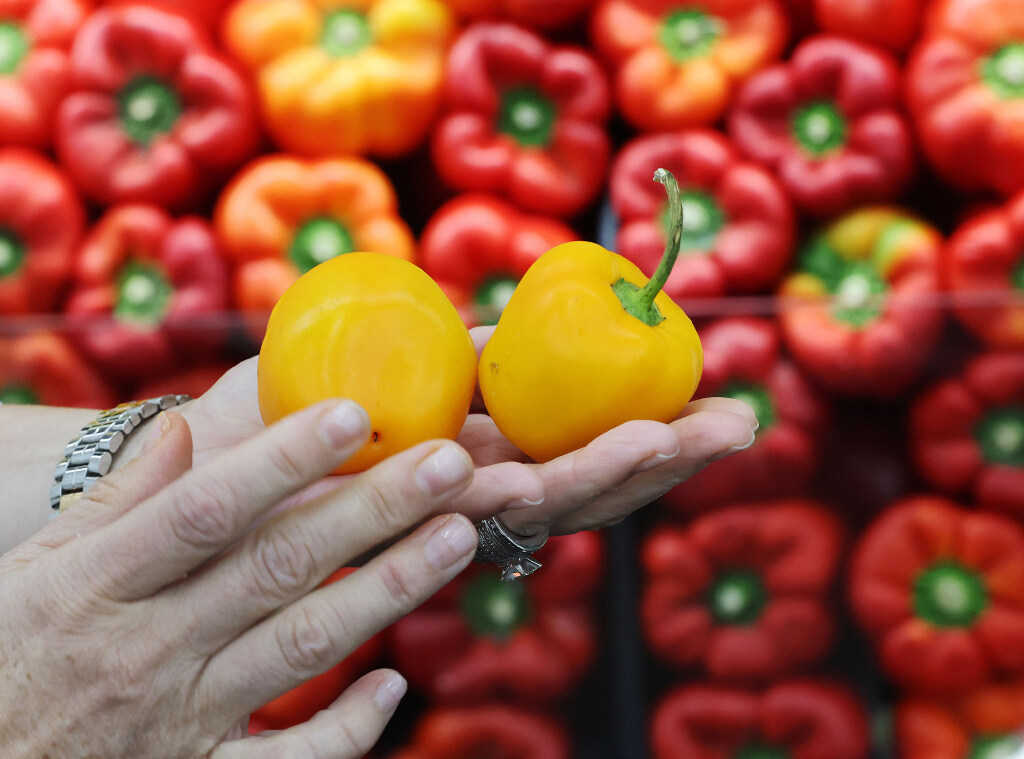 Eli Madrigal, founder and CEO of Rancho Markets, holds manzano peppers as she talks about her store's produce at Rancho Market in Clearfield on Tuesday, Sept. 13.