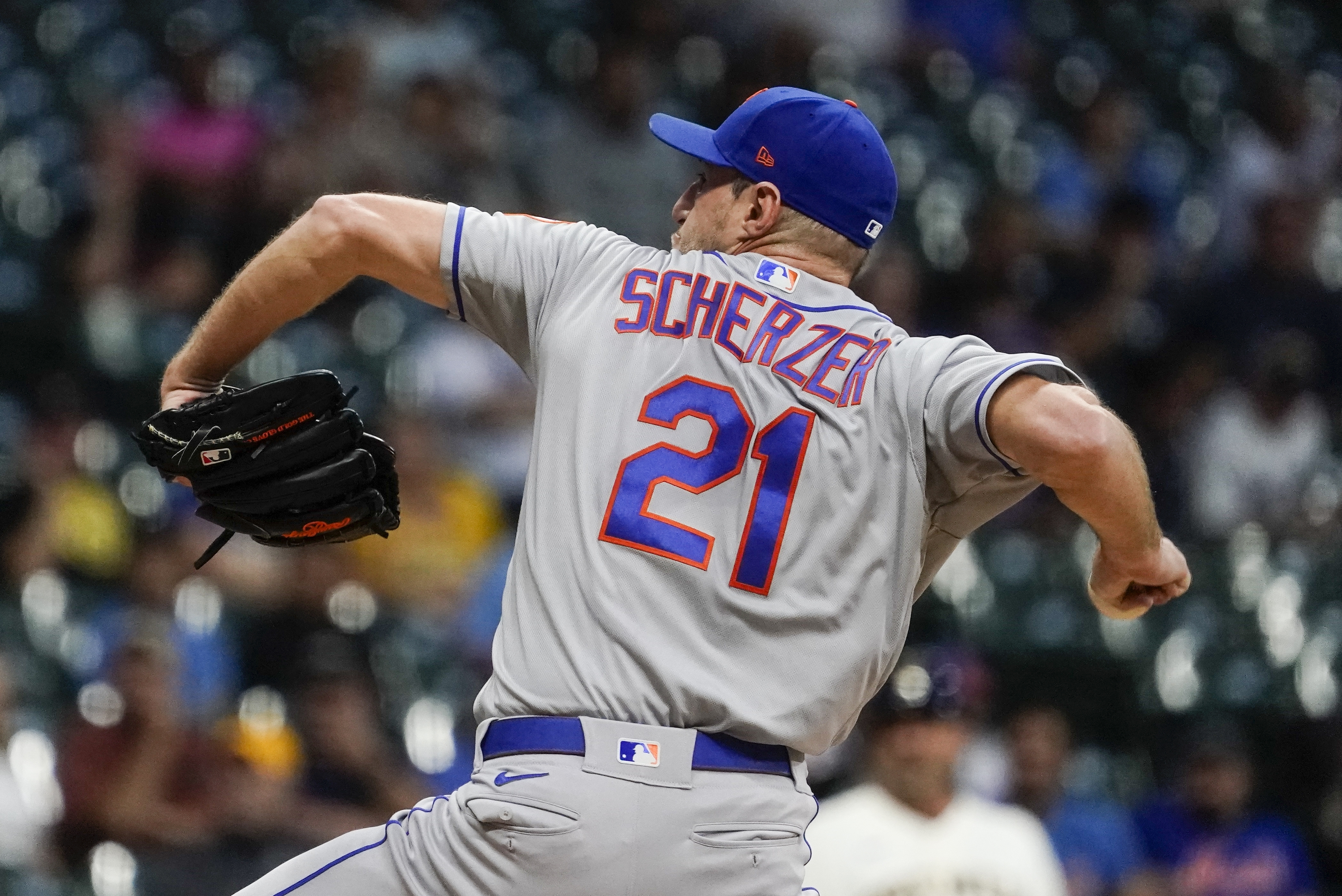 New York Mets starter Max Scherzer throws during the first inning of a baseball game against the Milwaukee Brewers Monday, Sept. 19, 2022, in Milwaukee. 