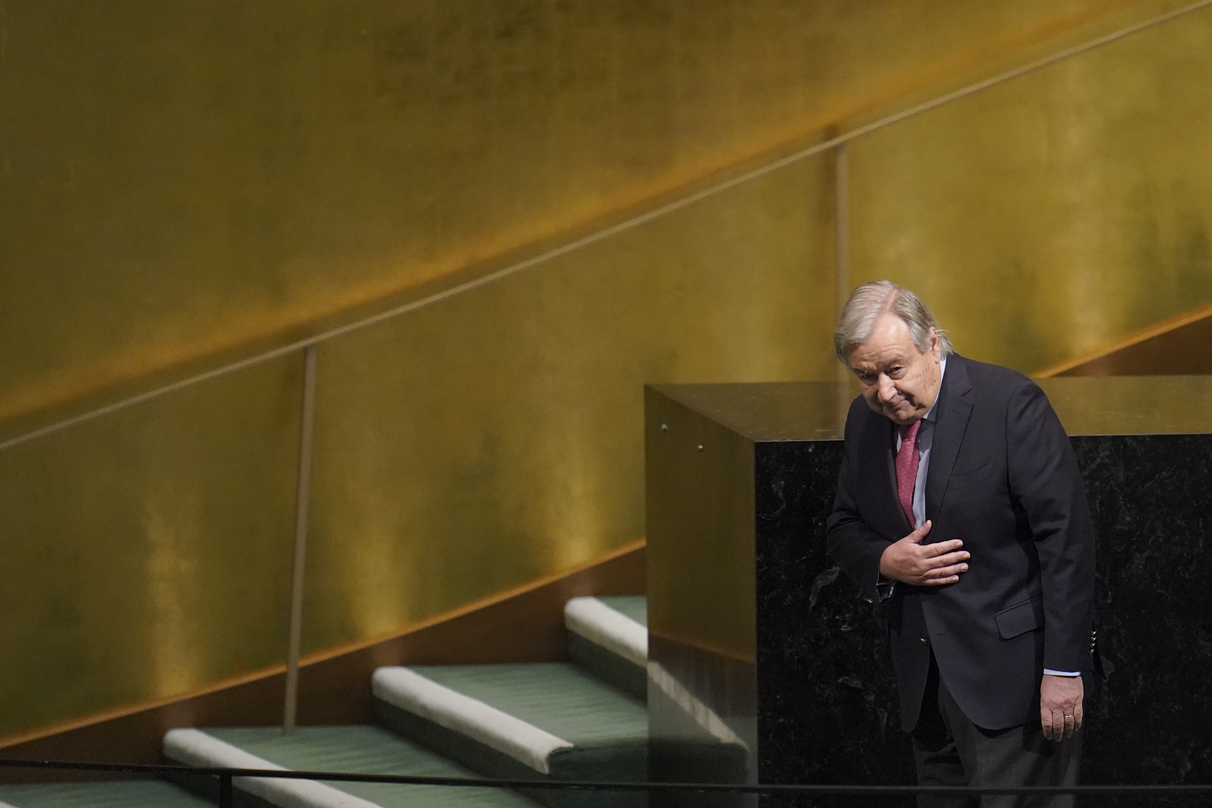 United Nations Secretary-General Antonio Guterres acknowledges the delegates' applause as he leaves the podium after addressing the 77th session of the General Assembly at U.N. headquarters Tuesday.