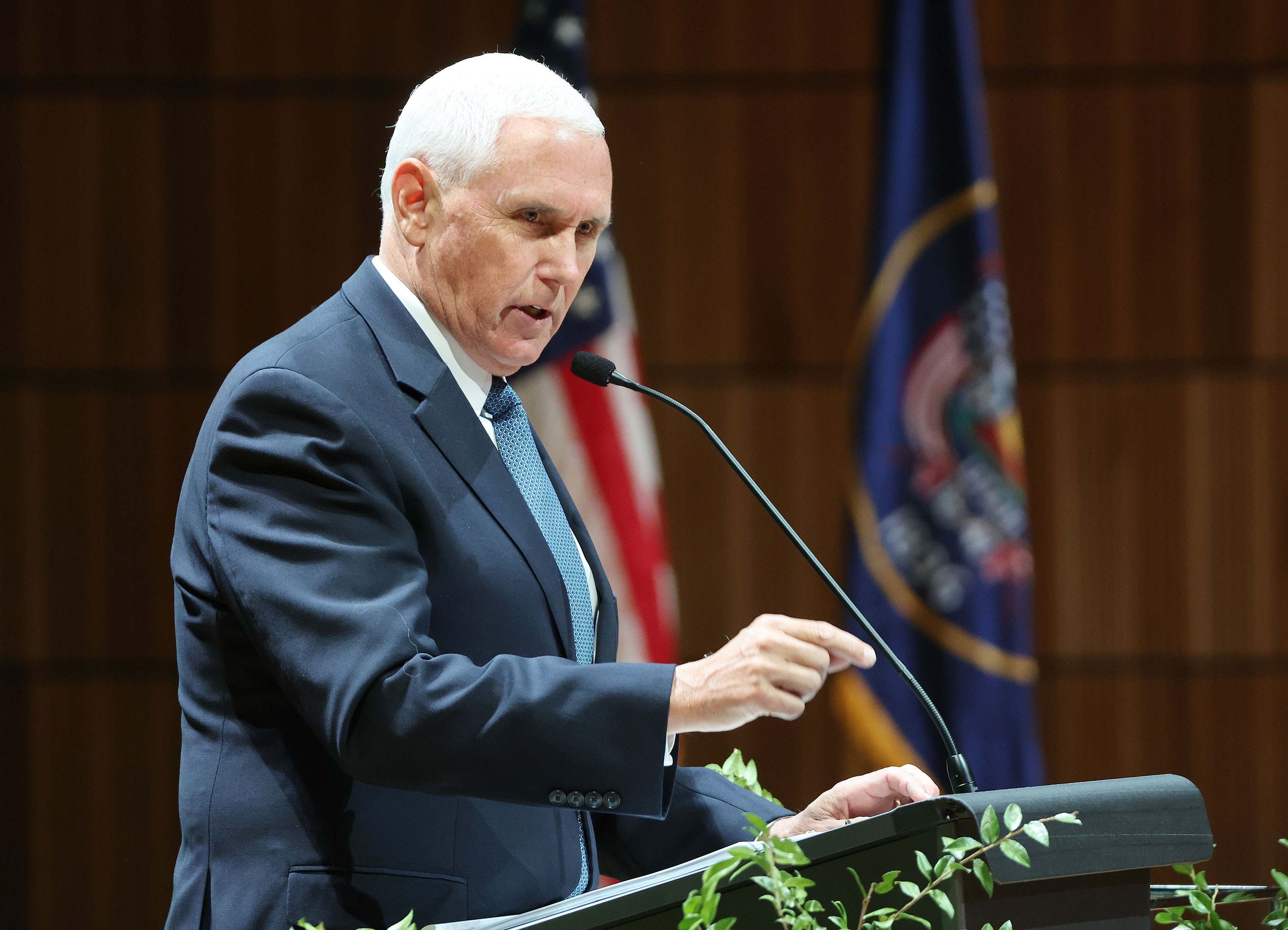 Former Vice President Mike Pence speaks at Utah Valley University in Orem on Tuesday. Pence visited the Beehive State Tuesday to speak to a packed audience at Utah Valley University's Gary R. Herbert Institute for Public Policy Fall Forum.