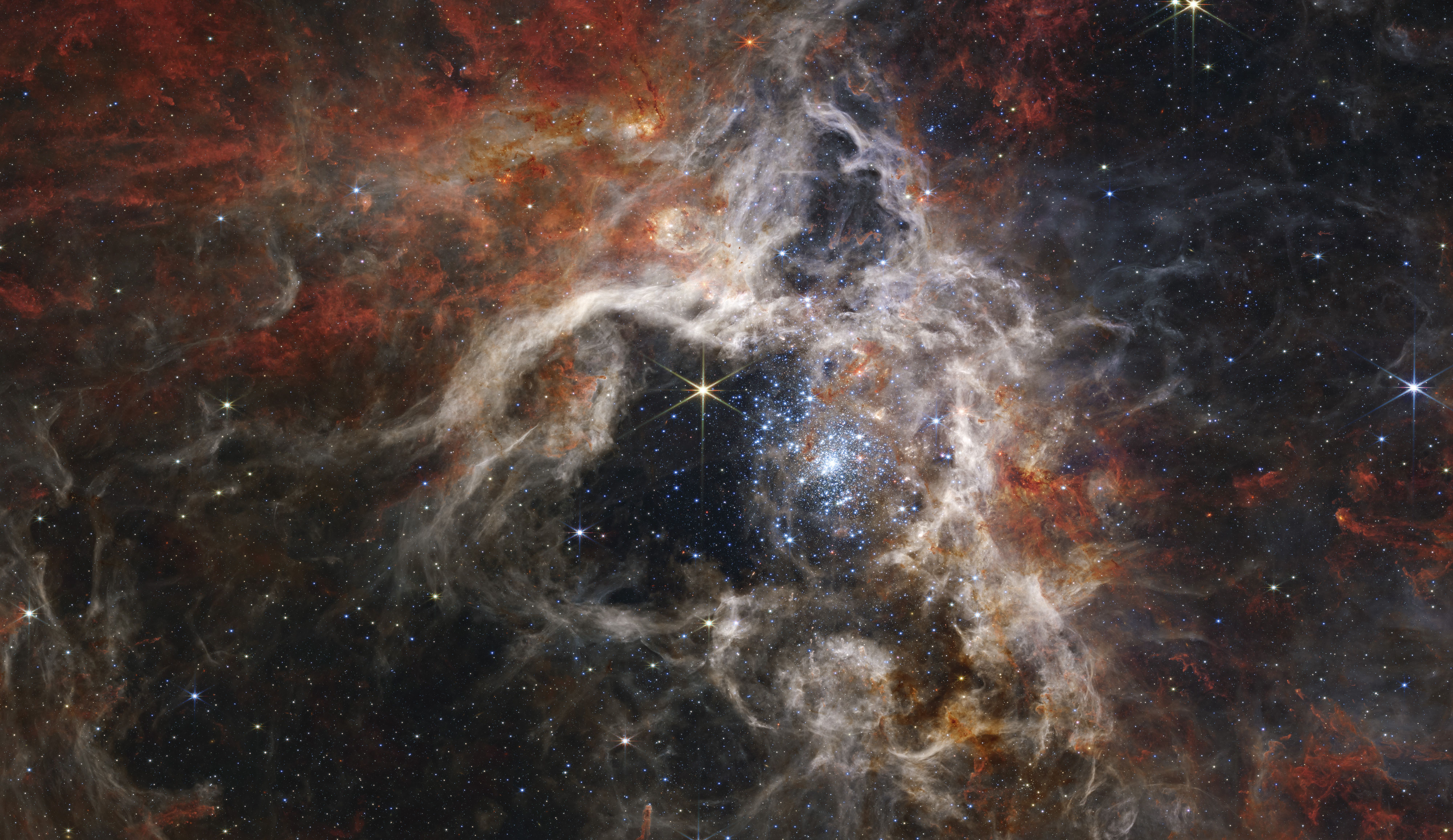 This image released by NASA on Sept. 6, shows the Tarantula Nebula star-forming region, captured by the James Webb Space Telescope. Stretching 340 light-years across, Webb’s Near-Infrared Camera displays the Tarantula Nebula star-forming region in a new light, including tens of thousands of never-before-seen young stars that were previously shrouded in cosmic dust.