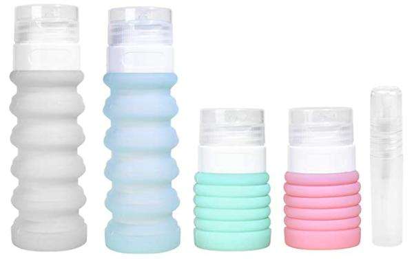 Collapsible travel-size bottles, as advertised on Amazon.