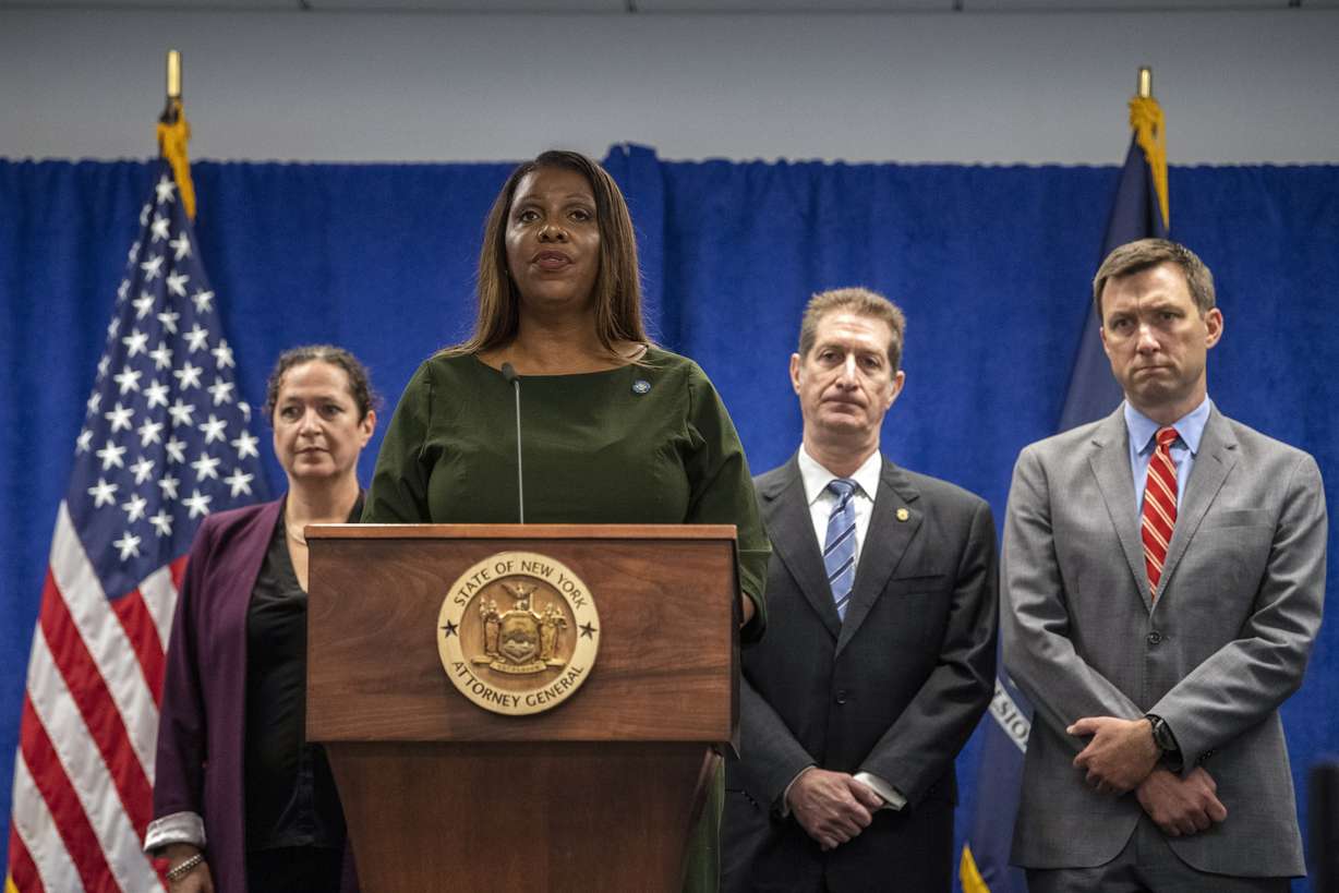 New York Attorney General Letitia James speaks during a press conference, Wednesday, in New York. New York’s attorney general sued former President Donald Trump and his company on Wednesday, alleging business fraud involving some of their most prized assets, including properties in Manhattan, Chicago and Washington, D.C.