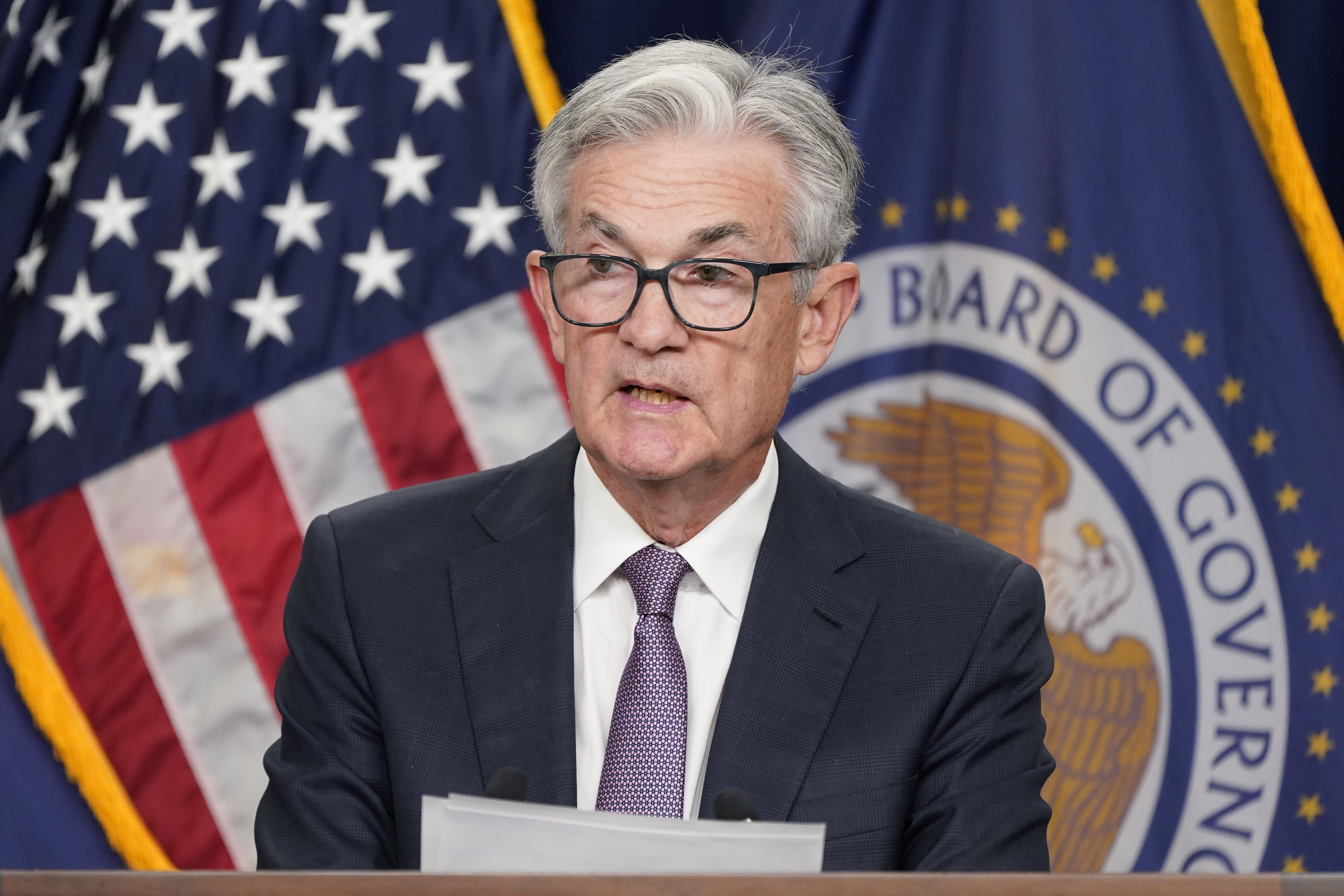 Federal Reserve Chair Jerome Powell speaks at a news conference Wednesday, at the Federal Reserve Board Building, in Washington. Intensifying its fight against chronically high inflation, the Federal Reserve raised its key interest rate Wednesday by a substantial three-quarters of a point for a third straight time.