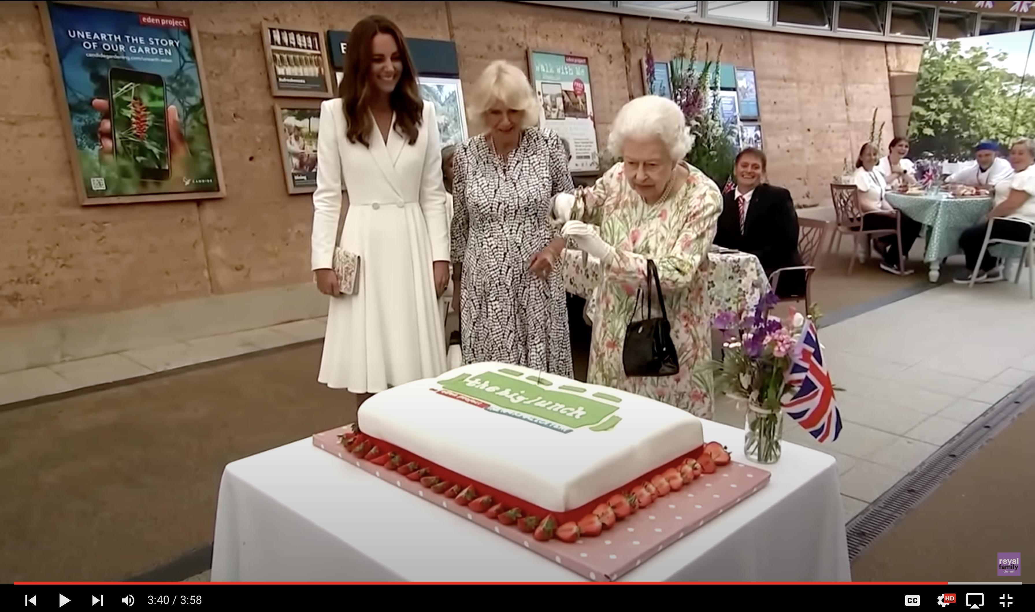 Queen Elizabeth II attempts to cut a cake with a sword, one of many funny moments featured in this YouTube video.