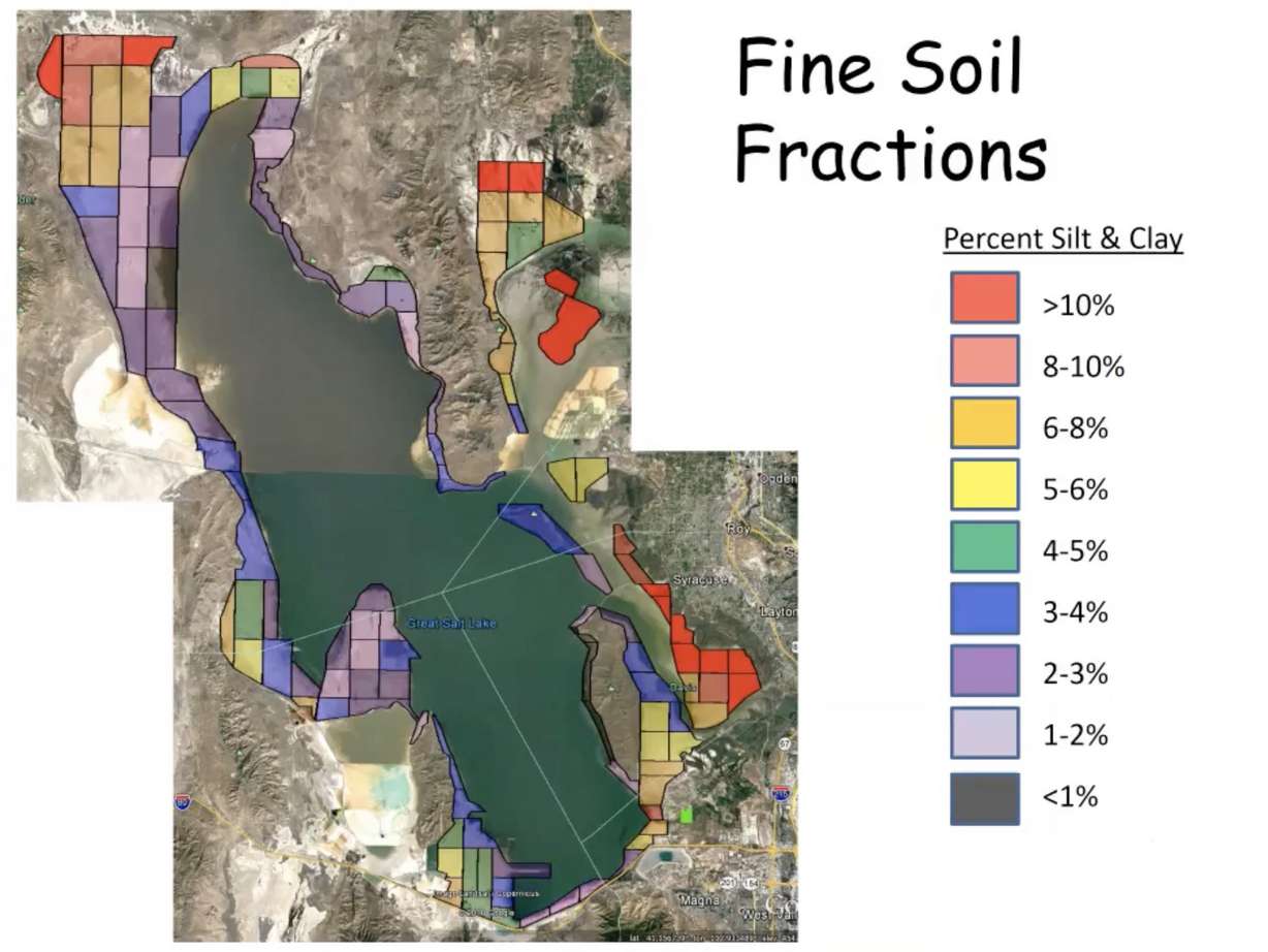 This map shows the percentage of soil and clay across exposed lakebed. The highest levels are by the Farmington and Bear River bays, as well as the lake's northwest quadrant.
