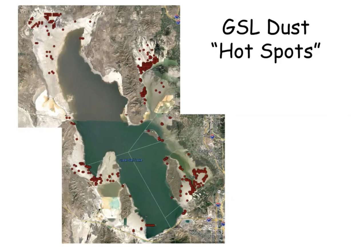This map shows the identified "dust hot spots," where dust from the dried Great Salt Lake lakebed is most likely to pick up in a storm.