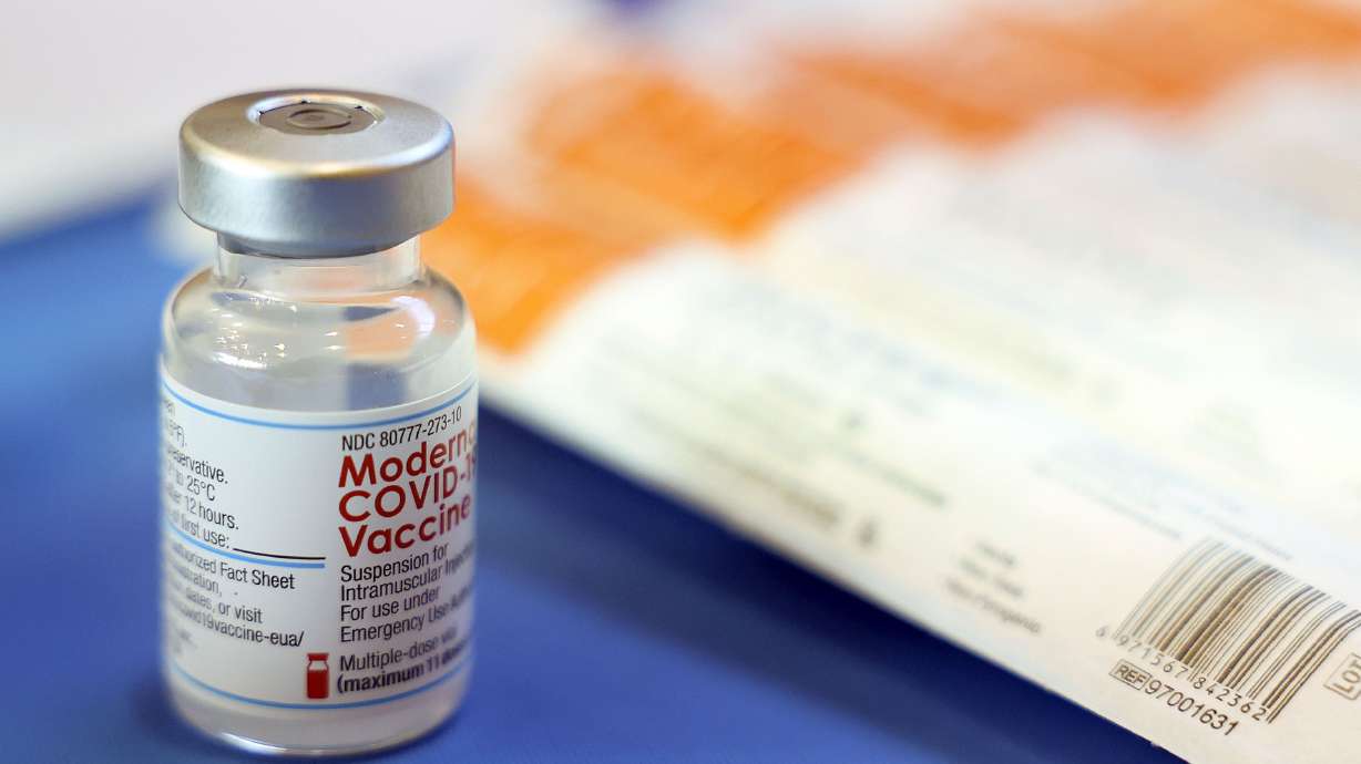 A bottle of Moderna COVID-19 vaccine is pictured at a vaccine clinic at the A. Ray Olpin Student Union at the University of Utah in Salt Lake City on Jan. 20.