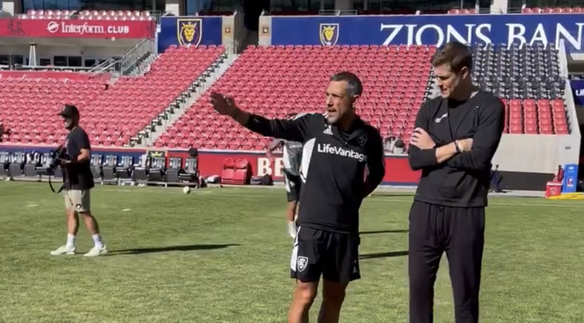 RSL head coach Pablo Mastroeni speaks with Jazz head coach Will Hardy at a joint team practice Wednesday.
