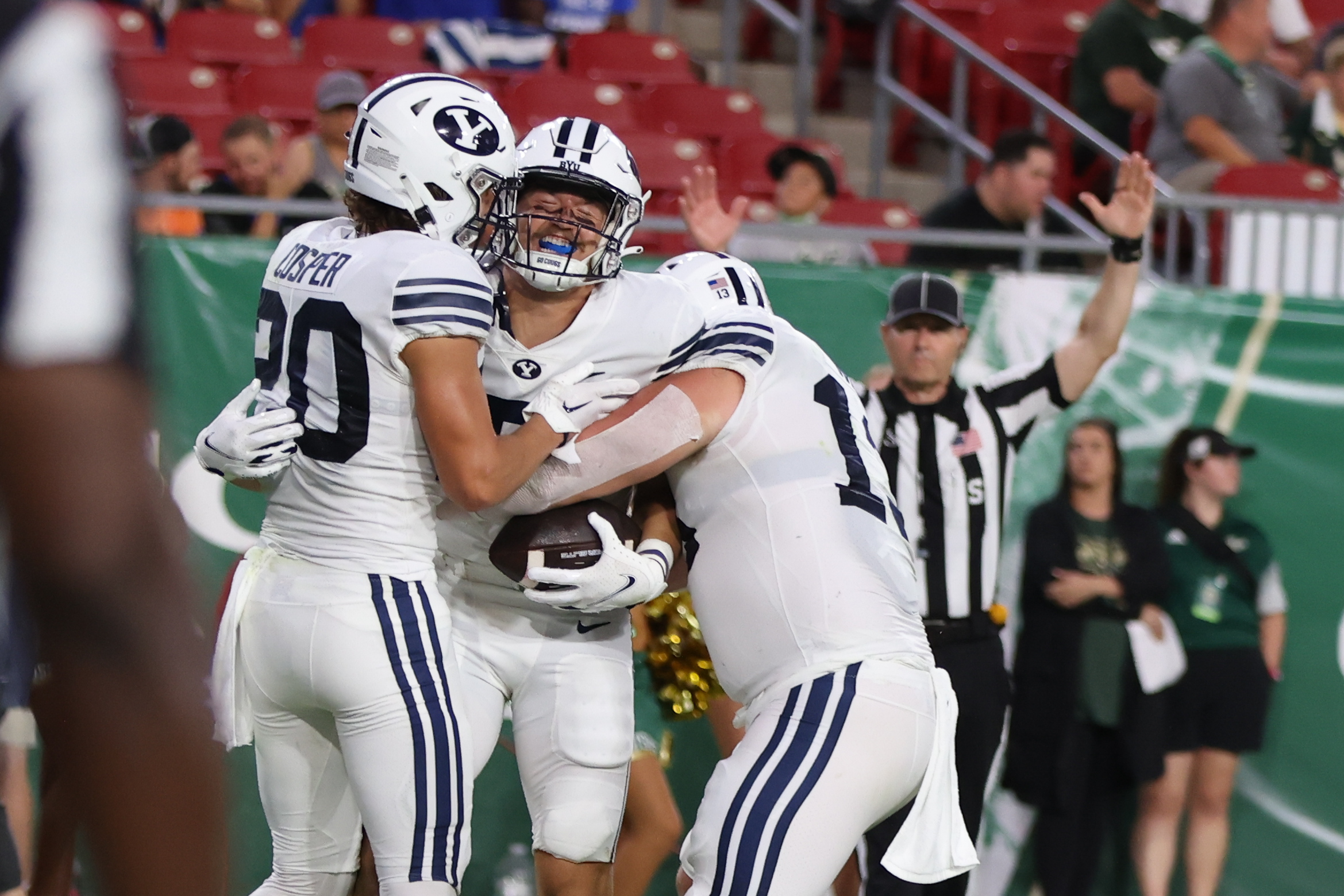 BYU tight end Dallin Holker (5) scores a touchdown in BYU's season opener against USF on Saturday, Sept. 3, 2022, at Raymond James Stadium in Tampa, Fla.