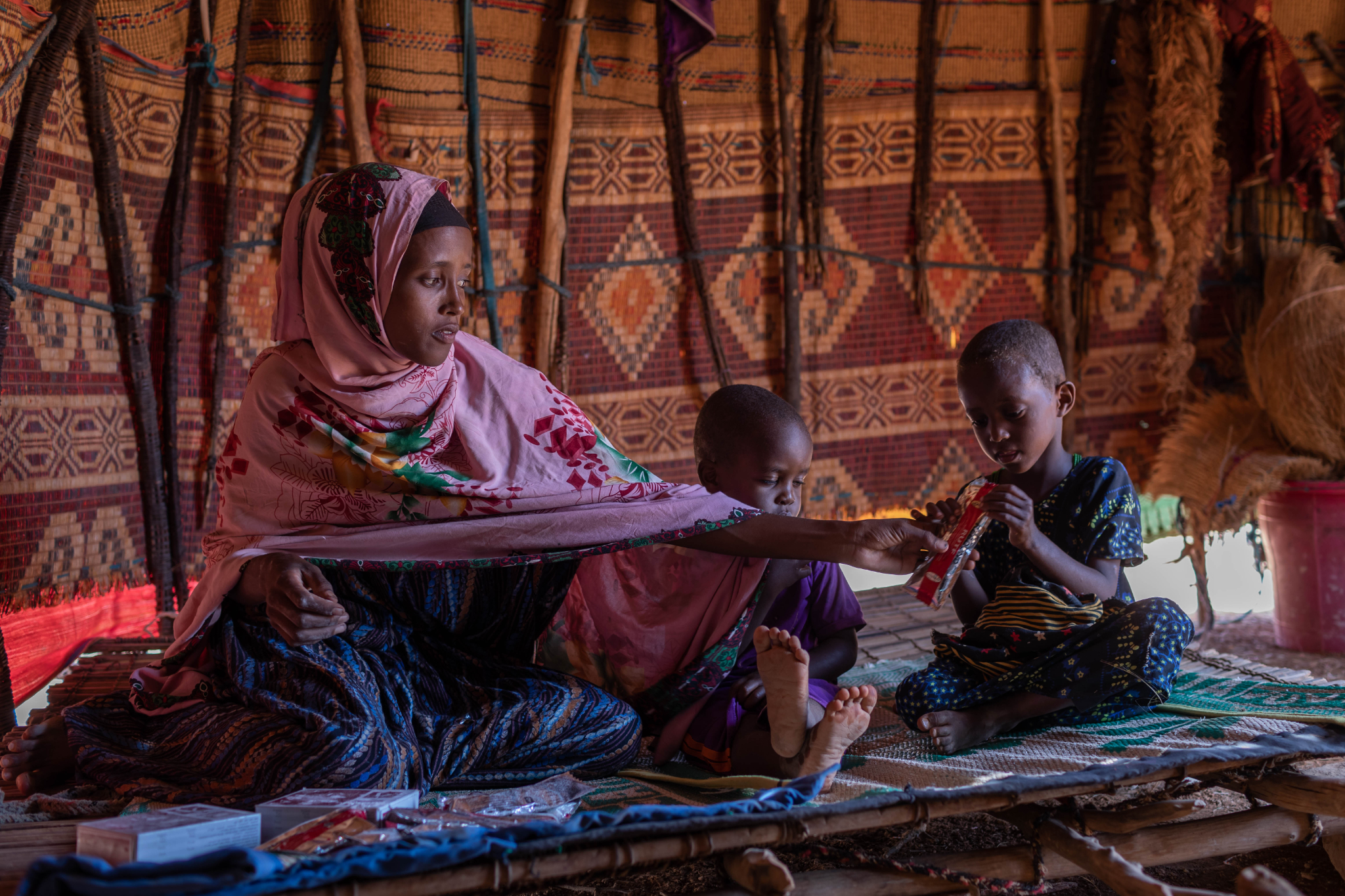 Eshe and her children have had to walk for three hours to get to the Hargle IDP site in Ethiopia, where they were provided packets, a life-saving essential supply item that treats severe wasting in children. “We came here to search for food and water. The rain stopped a year ago and our animals started to die. We can’t sell them or eat them," she said.
