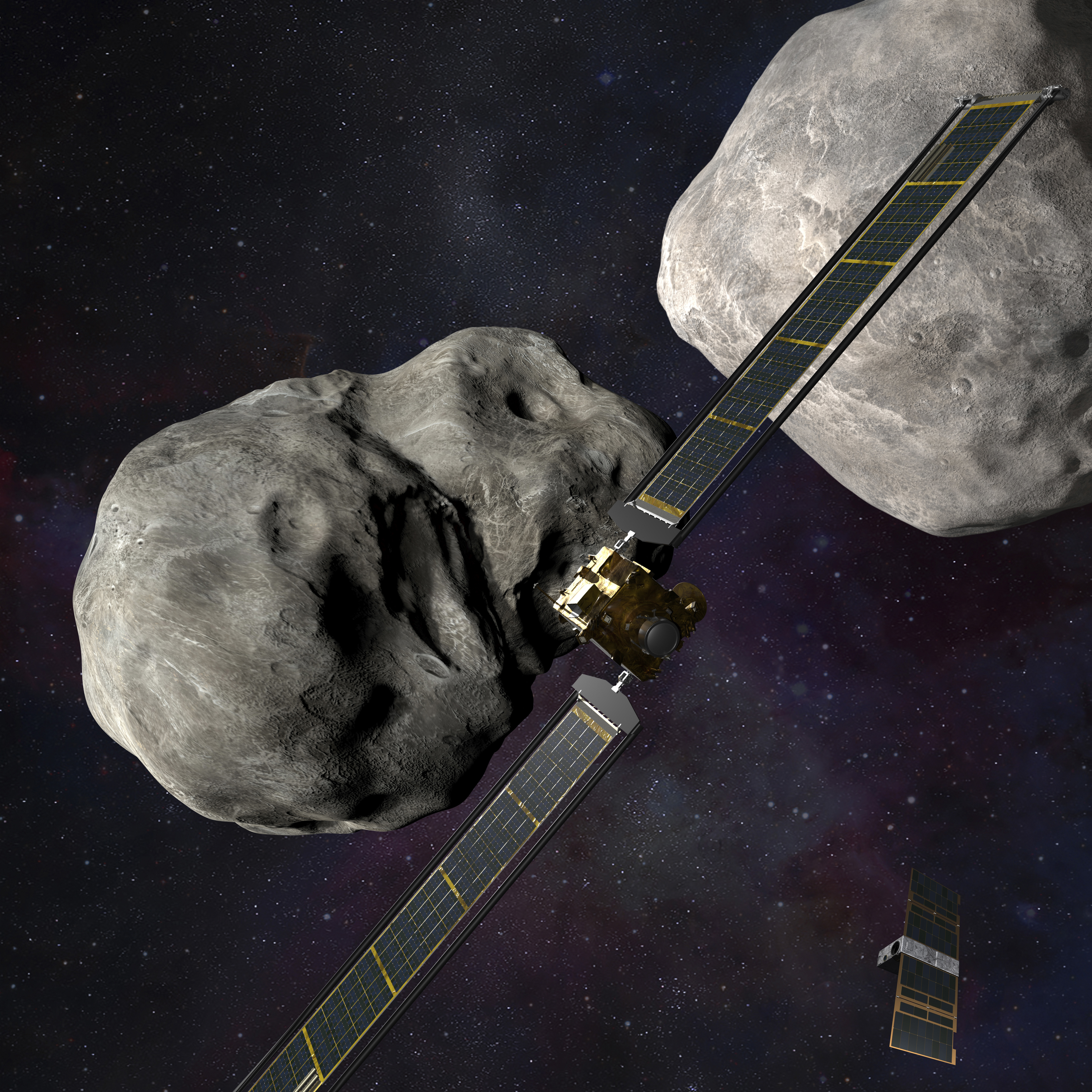 This illustration made available by Johns Hopkins APL and NASA depicts NASA's DART probe, center, and Italian Space Agency's LICIACube, bottom right, at the Didymos system before impact with the asteroid Dimorphos, left. DART is expected to zero in on the asteroid Monday, intent on slamming it head-on at 14,000 mph.