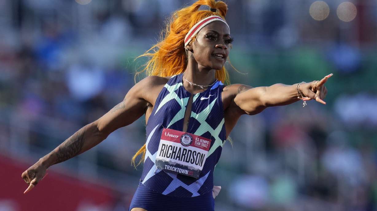 FILE - United States sprinter Sha'Carri Richardson celebrates after winning the first heat of the semis finals in women's 100-meter run at the U.S. Olympic Track and Field Trials on June 19, 2021, in Eugene, Ore. Cannabis use will stay banned at sports events after the World Anti-Doping Agency on Friday Sept. 23, 2022 resisted calls to change its status on the list of prohibited substances. The agency was asked to review the status of THC after the case of Richardson, who did not go to the Tokyo Olympics last year. She served a one-month ban on testing positive at the trials meet where she won the 100 meters.