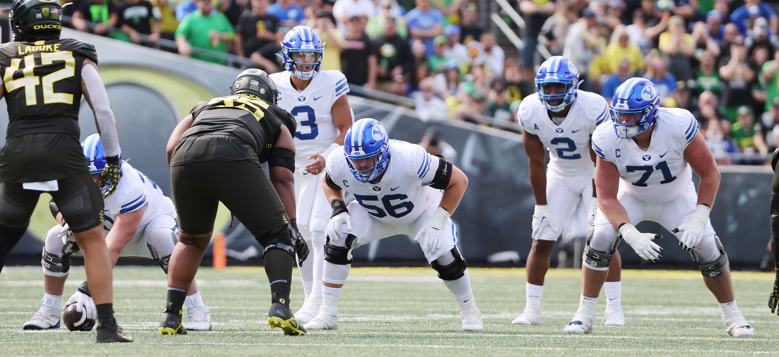 Brigham Young offensive line lines up  at Autzen Stadium in Eugene on Saturday, Sept. 17, 2022.